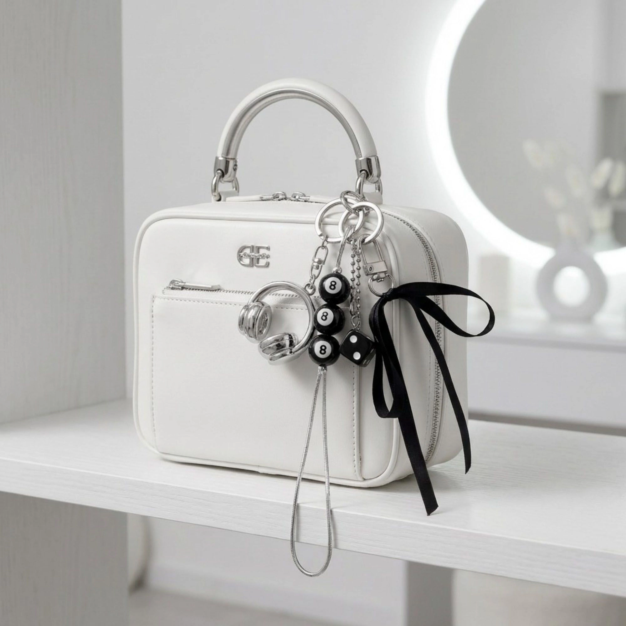 Alilang Women's 8 Ball Dice Charm Keychain with Headphone Pendant Ribbon Tassel Bag Charm Key Ring Accessory