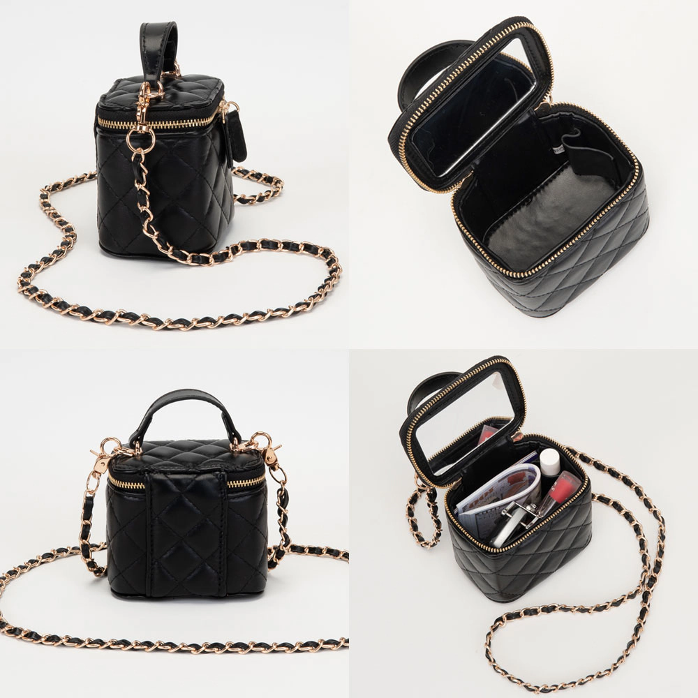 FASHNZFAB Faux Leather Quilted Top Handle Mini Vanity Box Crossbody Bag