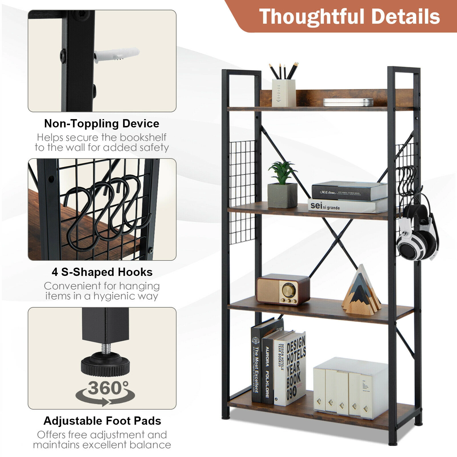 SUGIFT 4-Tier Industrial Open Storage Bookshelf with Adjustable Shelf 220-lb Capacity Coffee