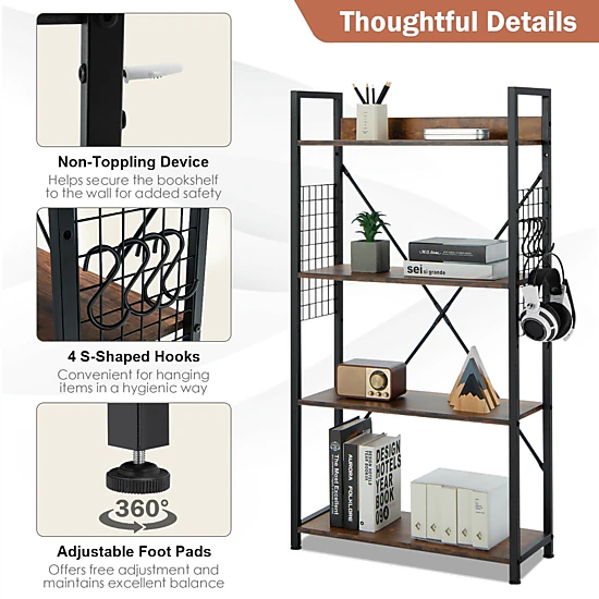 SUGIFT 4-Tier Industrial Open Storage Bookshelf with Adjustable Shelf 220-lb Capacity Coffee