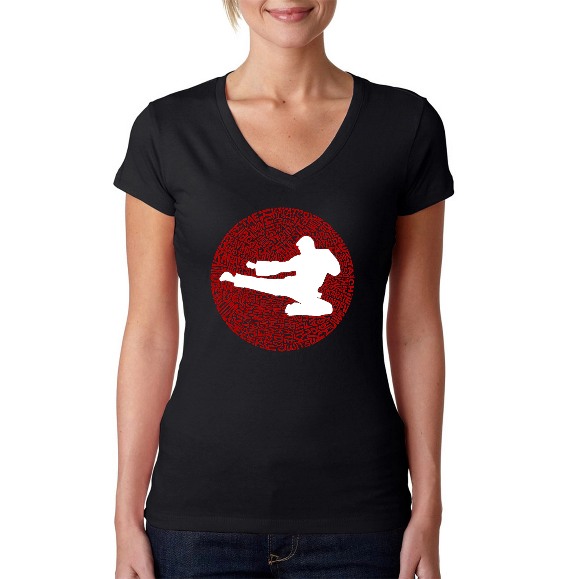 LA Pop Art Womens Word V-Neck T-Shirt - Types of Martial Arts