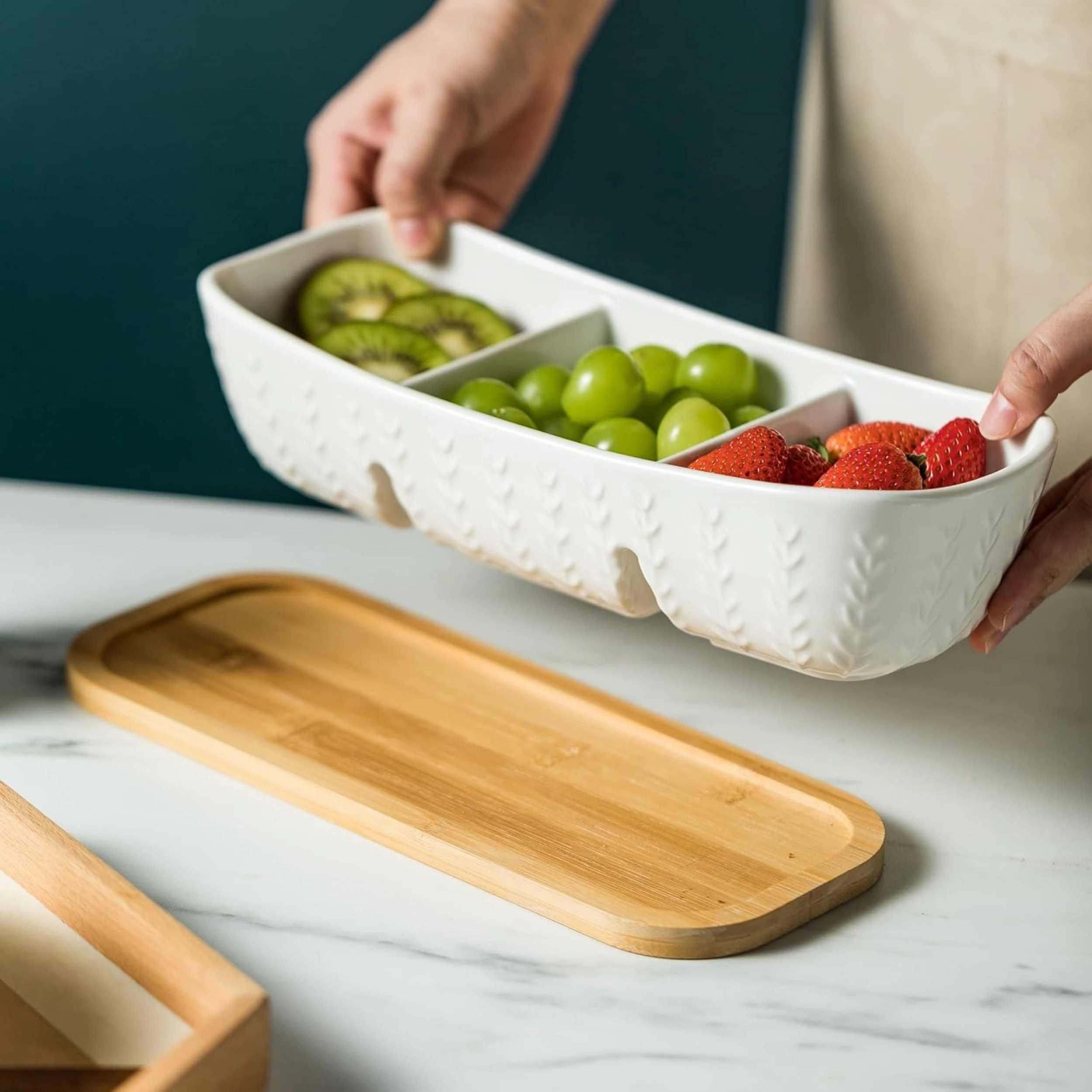 Stock Preferred Ceramic Chip and Dip Bowl Set with Divided Acacia Wood Serving Tray