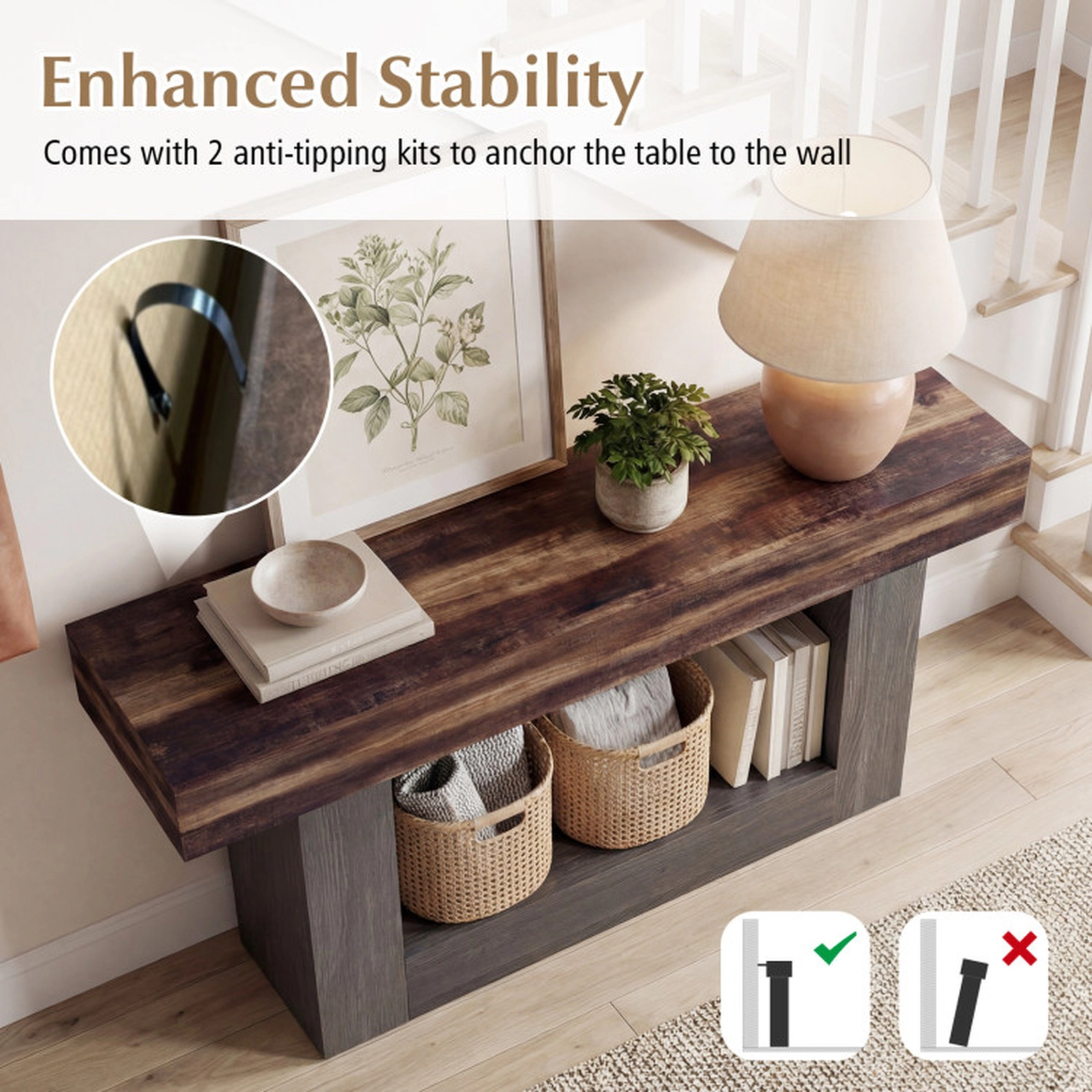 SUGIFT 2-Tier Farmhouse Console Table 63-in Long with Storage Shelf 265-lb Tabletop Capacity Rustic Brown + Black