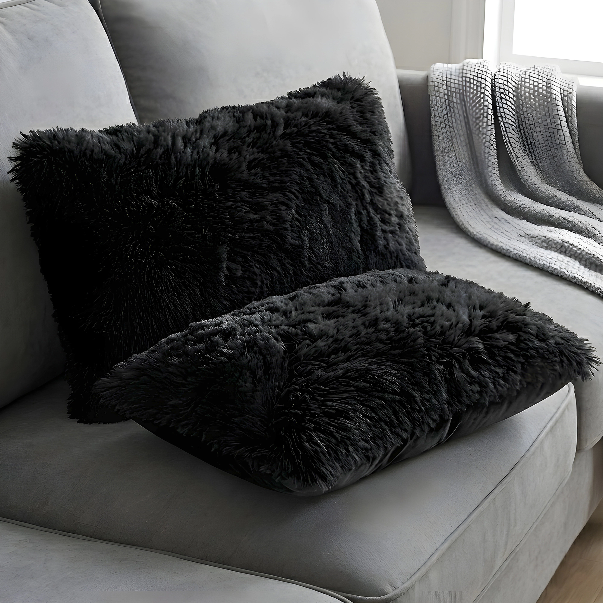 Cheer Collection 2 Pack 12 x 20 Inch All Around Shaggy Faux Fur Lumbar Pillows with Inserts