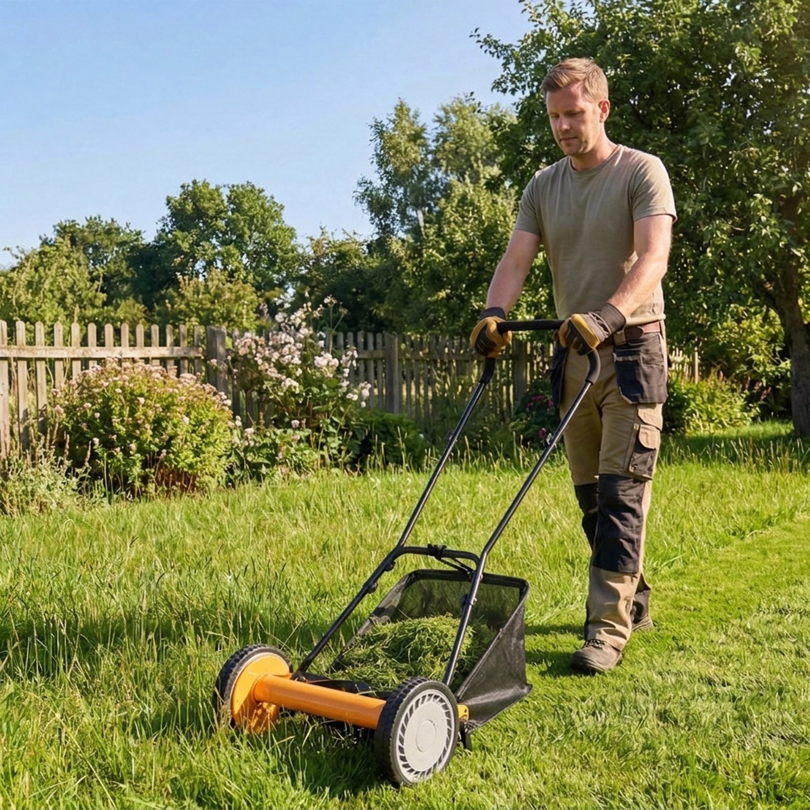SUGIFT 16-in Cutting Width Manual Push Lawn Mower with 5 Steel Blades and Grass Catcher Bag Orange