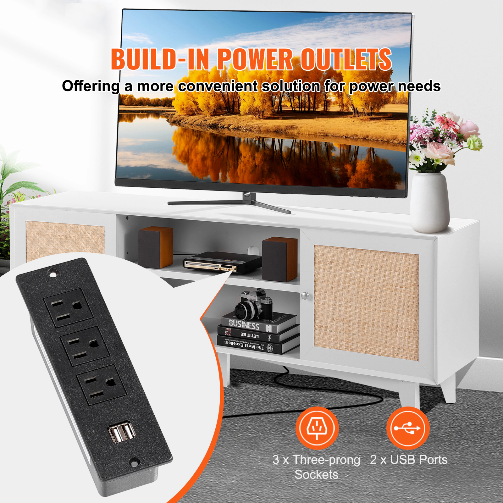 HONGGE Rattan TV Stand for TV Boho TV Stand with Rattan with Build-in Socket Modern TV for Living Room Media Room