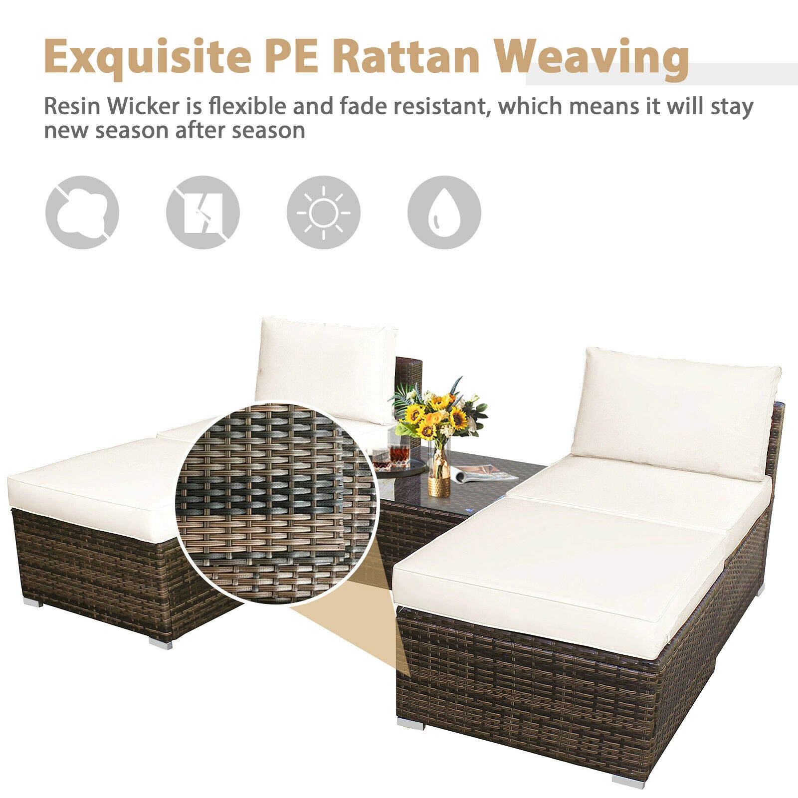 SUGIFT Armless Sofas Ottomans and Coffee Table 5-Piece White Patio Rattan Set