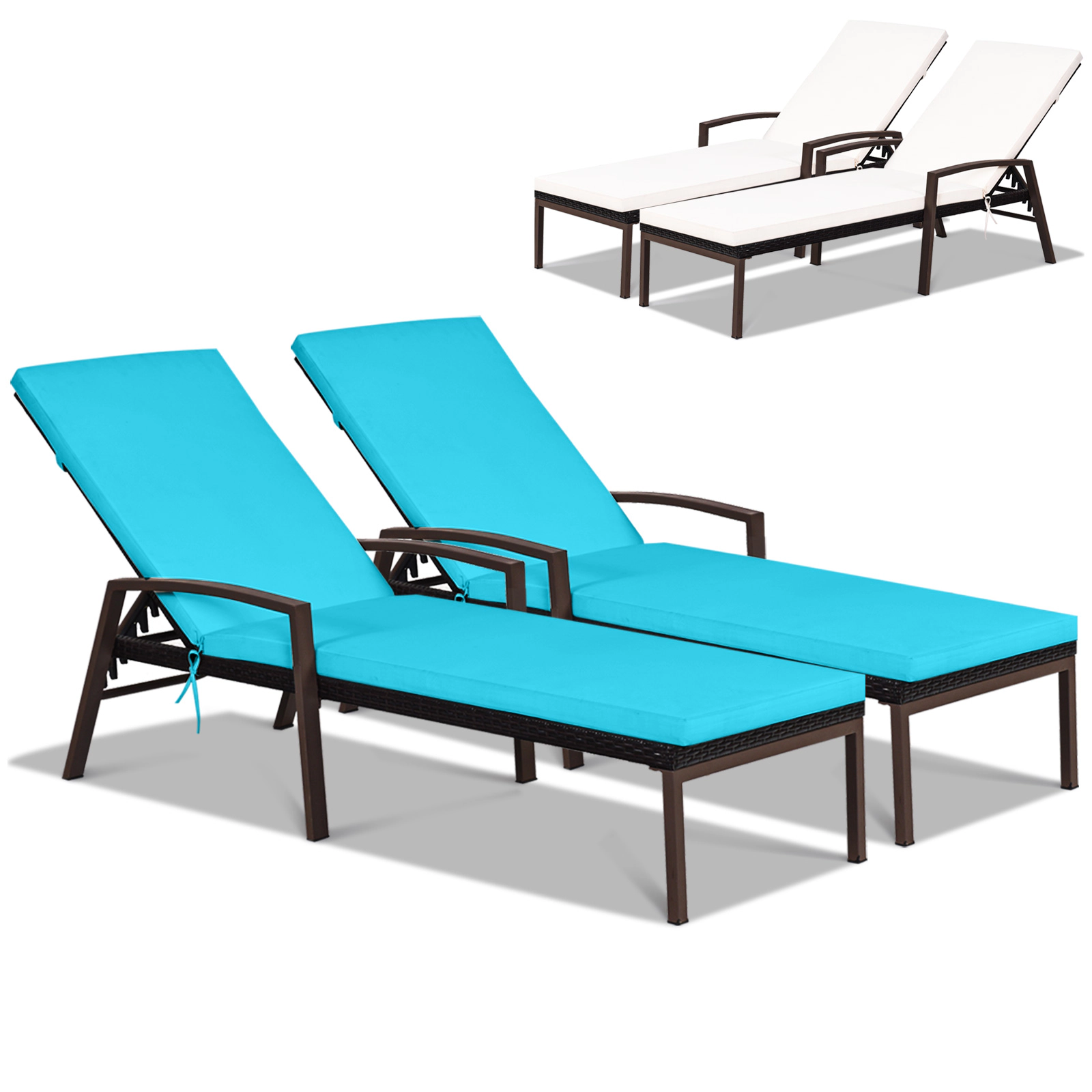 SUGIFT 2-Piece Patio Rattan Reclining Chaise Lounge Chair Set with Cushion & Armrest 400-lb Capacity Turquoise & White