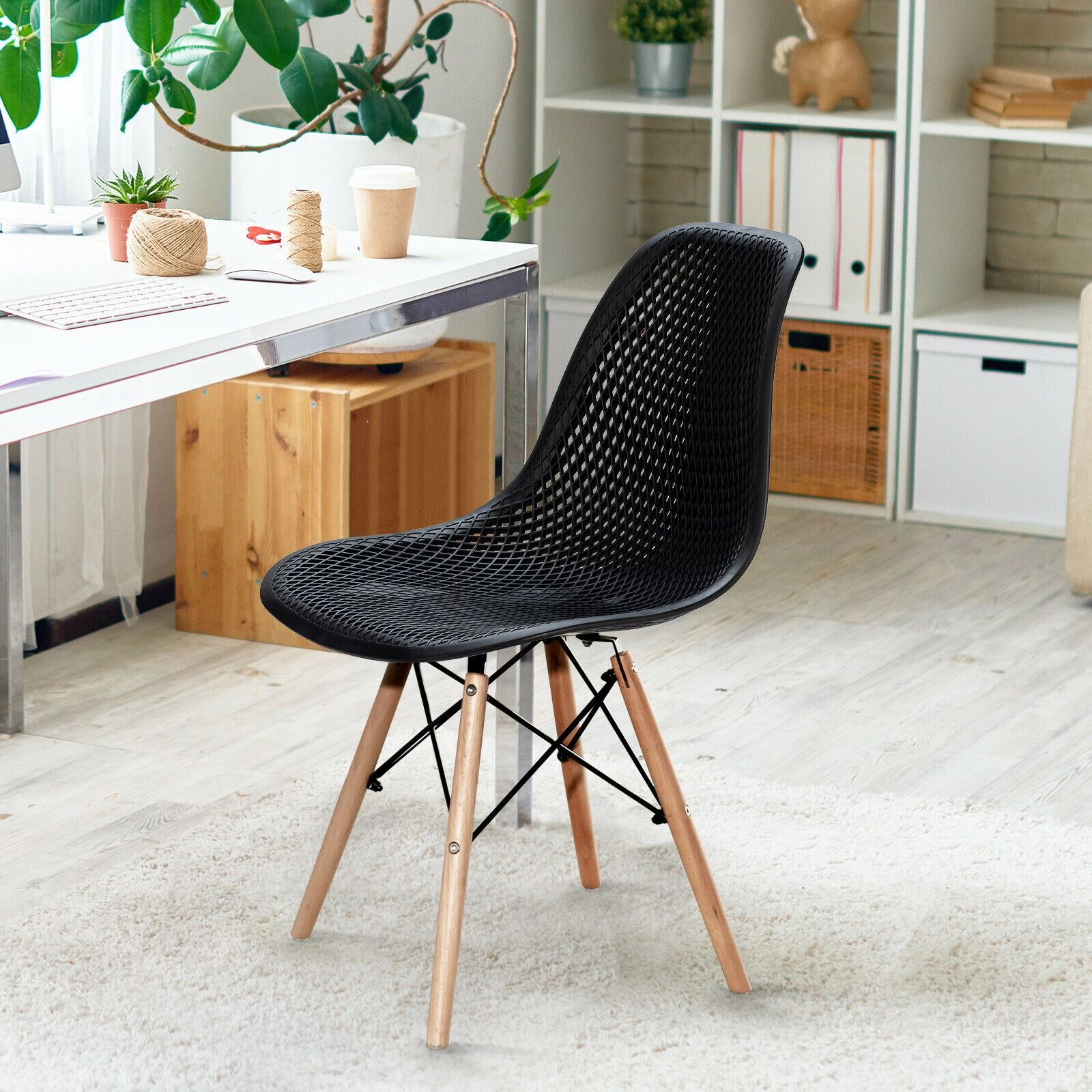 SlickBlue Unisex Set of 4 Hollow Back Plastic Chairs with Wood Legs