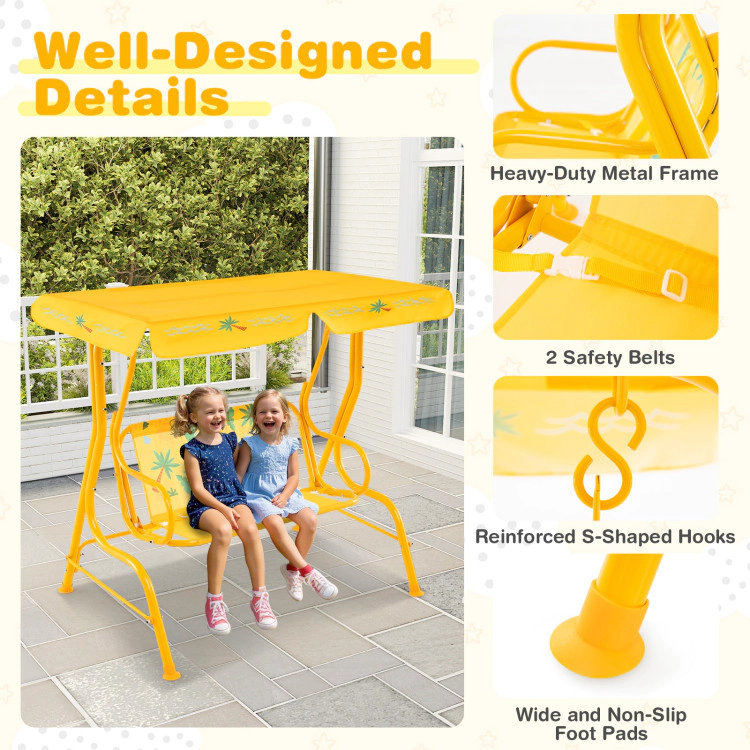 SUGIFT 2-Seater Kids Patio Swing with Metal Stand and Adjustable Canopy 180-lb Capacity Ages 3+ Yellow