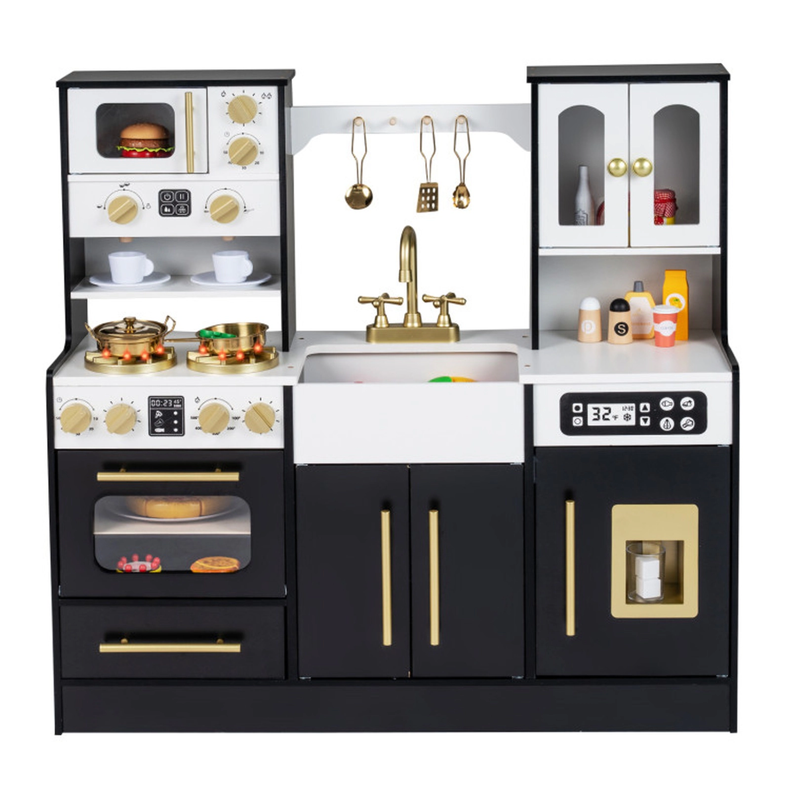 SUGIFT Wooden Kids Kitchen Playset with Realistic Lights and Sounds Play Ice Maker 36.5-in Wide Ages 3+ Black/White