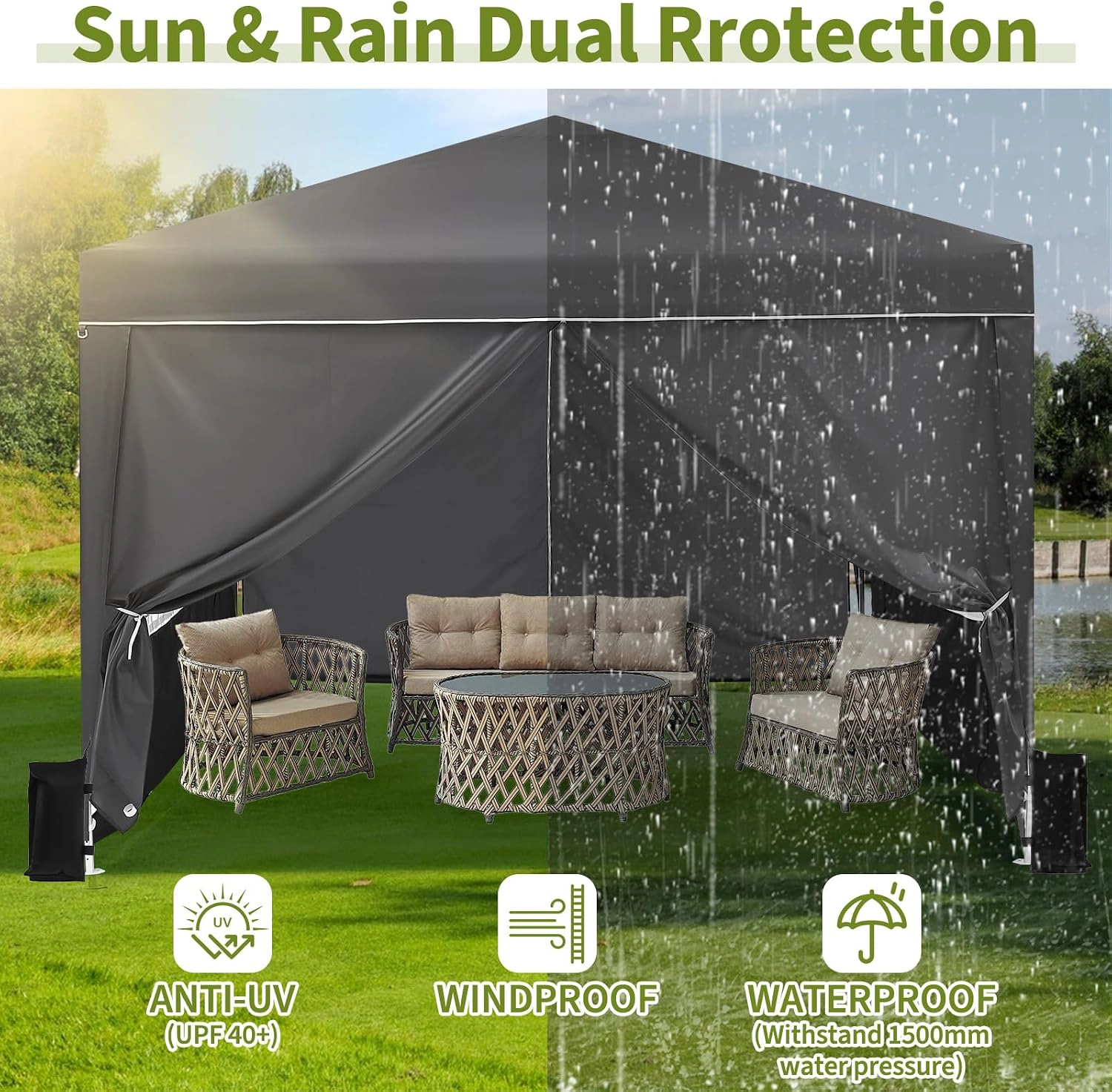 10x10 Pop Up Canopy Tent with Sidewalls, 420D Oxford Waterproof, Wheeled Bag, 1-Person Setup for Party Camping
