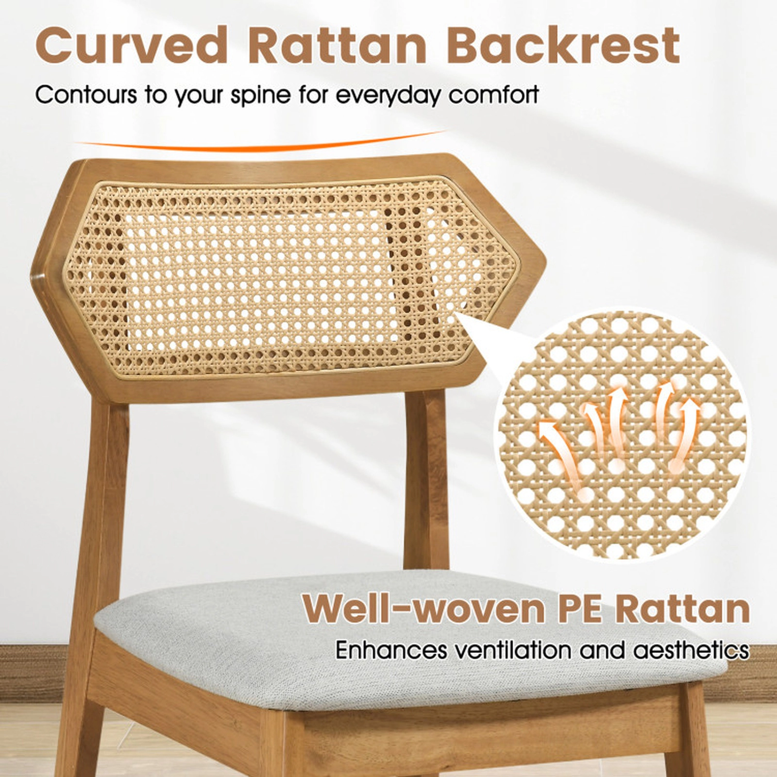 SUGIFT Mid Century Rattan Back Dining Chairs Set of 2 with Solid Wood Frame 330-lb Capacity 33.5-in Tall Natural/Black