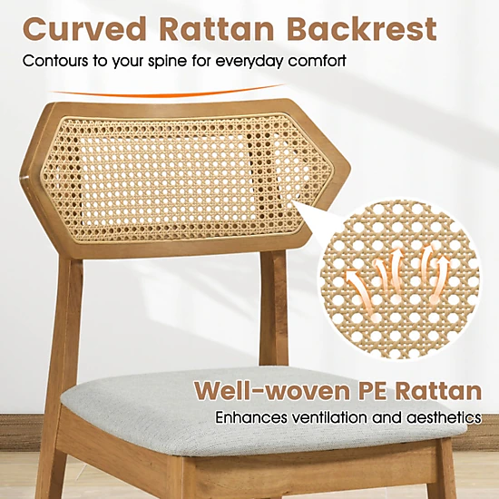 SUGIFT Set of 4 Natural Wood Dining Chairs with Rattan Back and Padded Seat