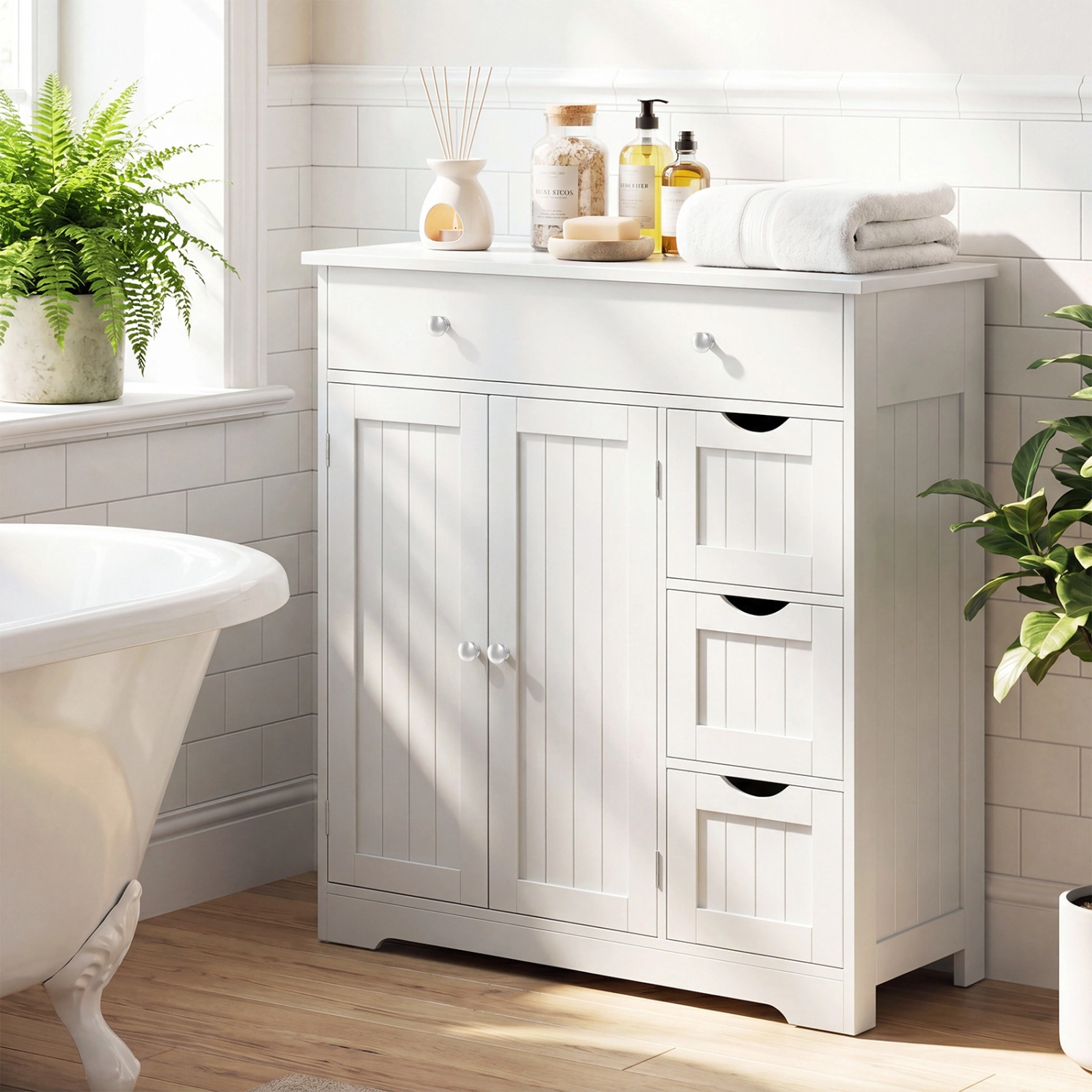 SUGIFT White 320-lb Capacity 4-Drawer 2-Door Bathroom Floor Storage Cabinet with Fixed and Adjustable Shelves