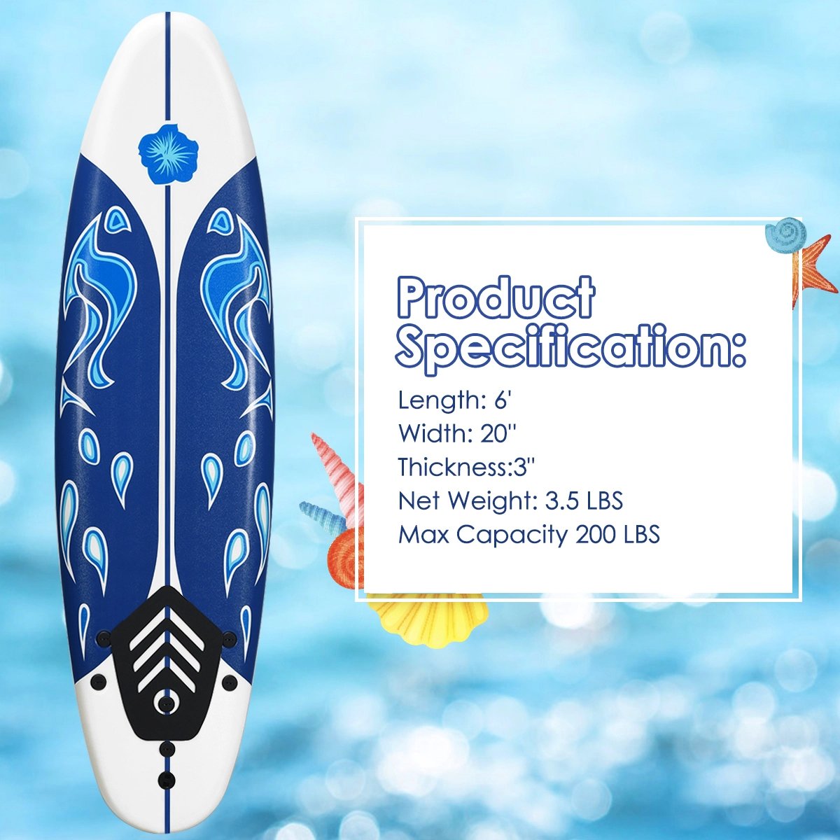 SUGIFT 6-ft 200-lb Capacity Soft Top Foam Surfboard with Slick HDPE Bottom 3 Detachable Fins and Leash