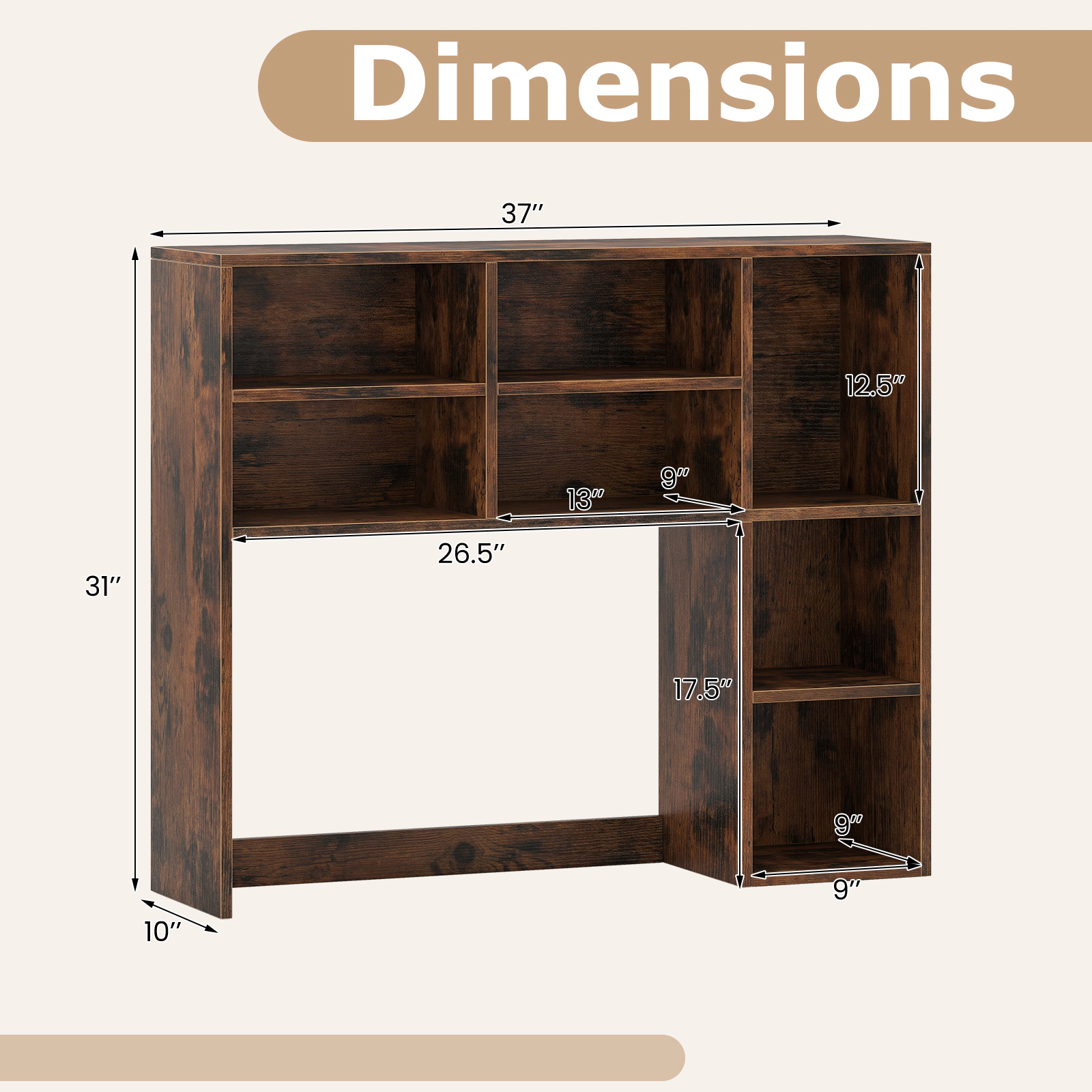 SUGIFT Brown Desktop Bookshelf Desk Hutch with 7 Open Cubbies and 3 Adjustable Shelves for 27-in Monitor