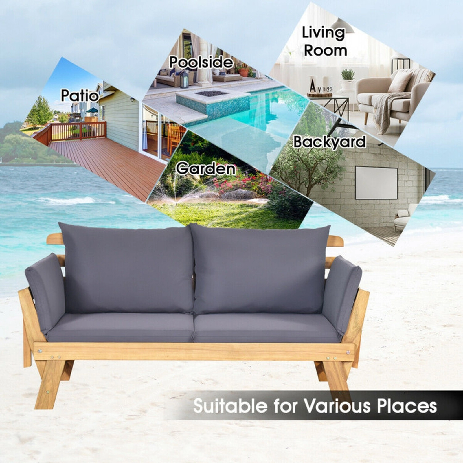 SUGIFT Natural Cushions 700-lb Patio Convertible Acacia Wood Sofa Daybed