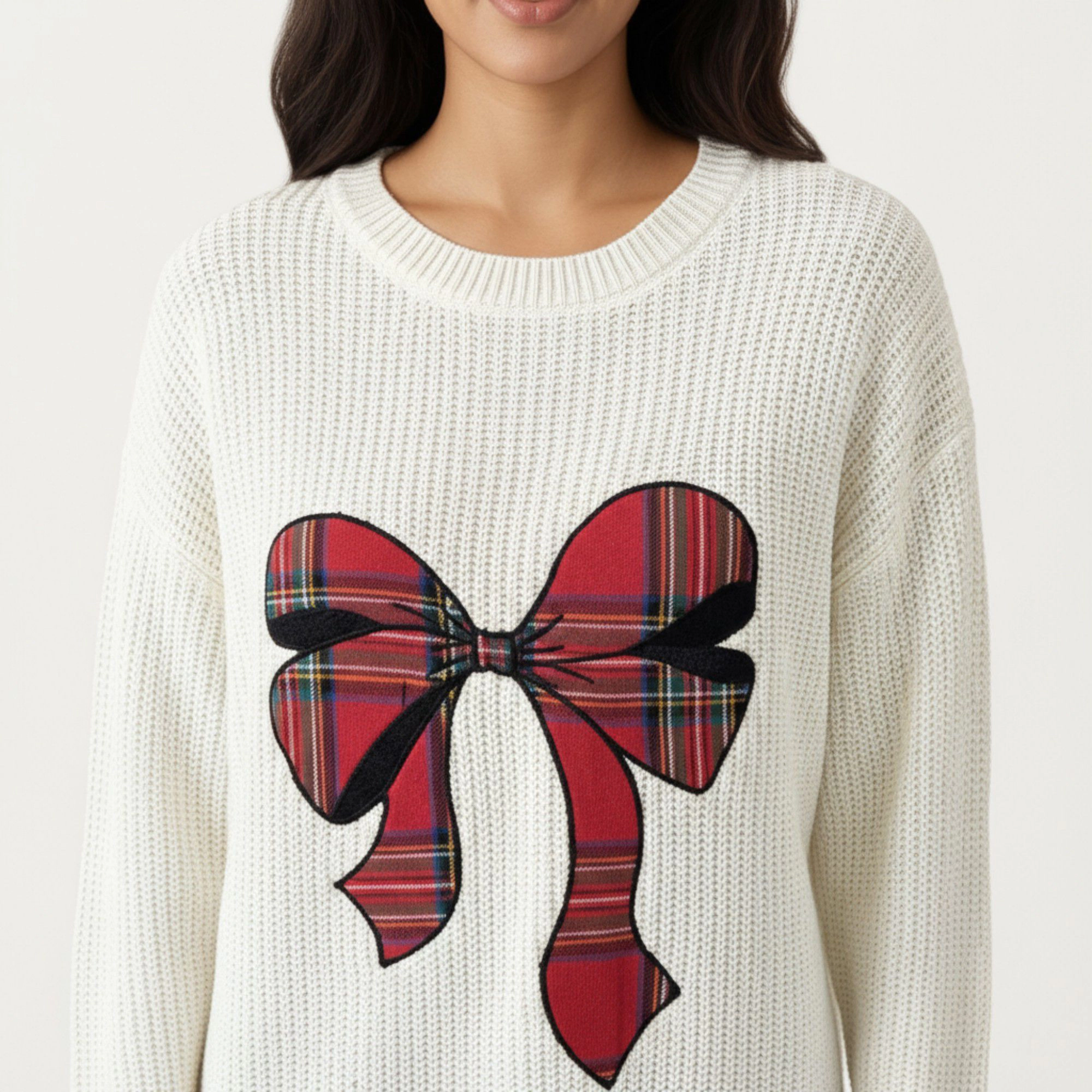 Anna-Kaci Women's Crew Neck Knit Sweater with Plaid Bow Graphic