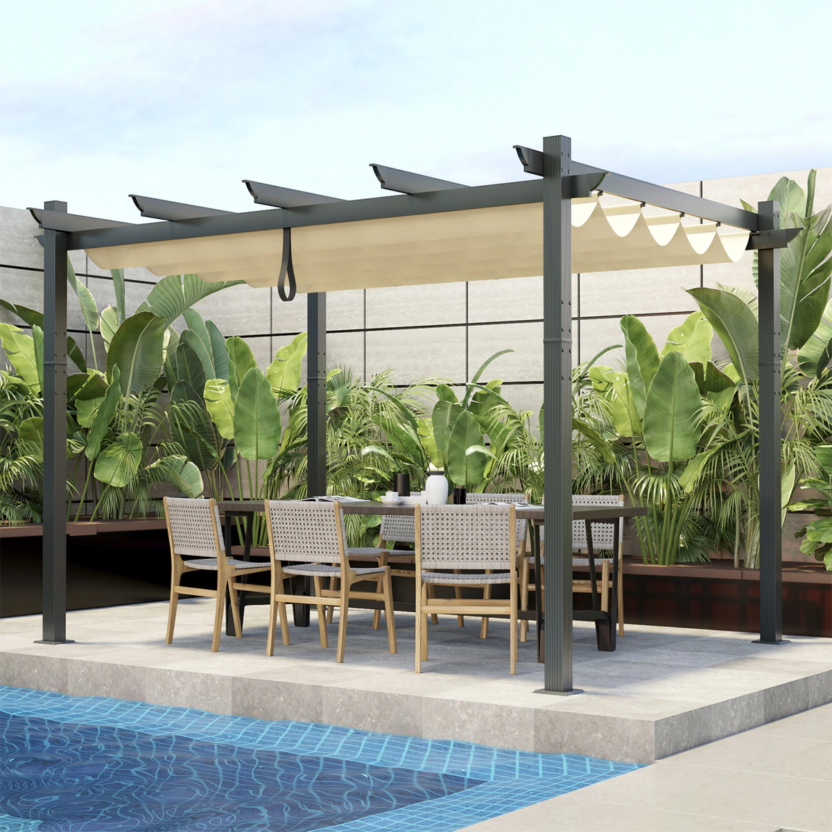 SUGIFT Outdoor Aluminum Retractable Pergola Canopy Shelter 10 x 12-ft Shade with Metal Feet Grape Trellis Beige
