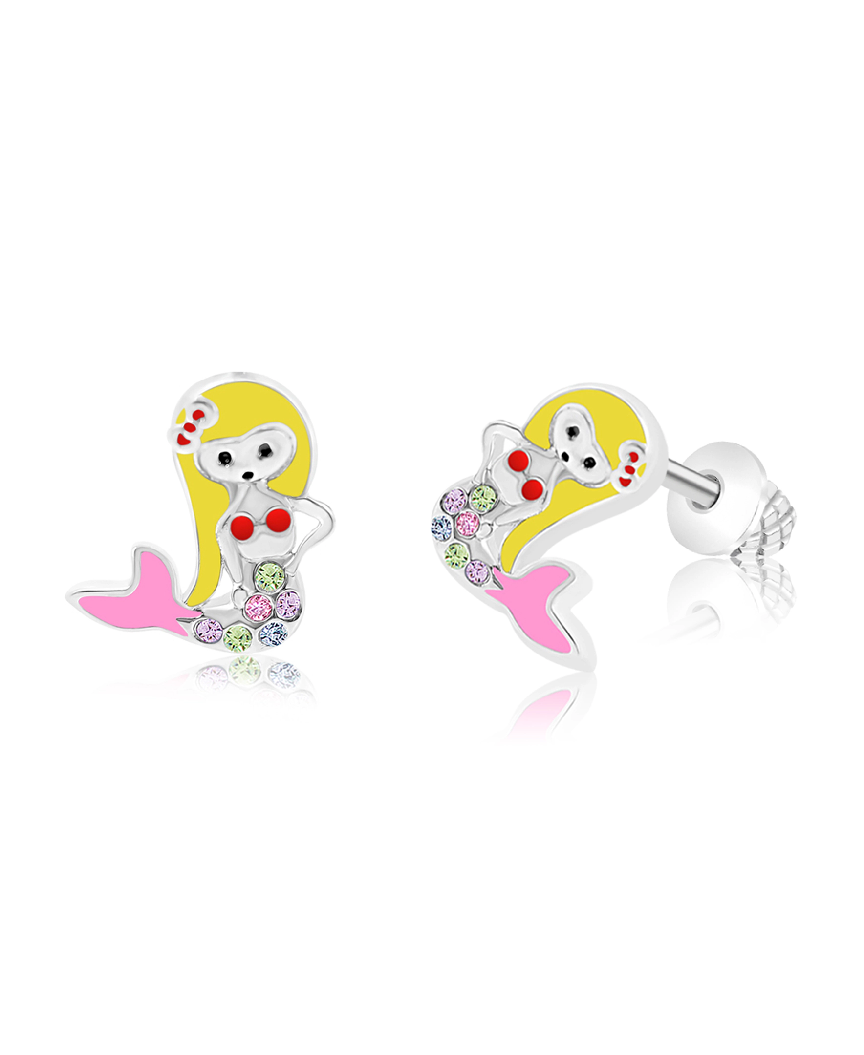 CHANTEUR Girls Mermaid Enamel Crystal Stud Earrings - White Gold Palladium Plating, Screw Back, Surgical Steel Posts