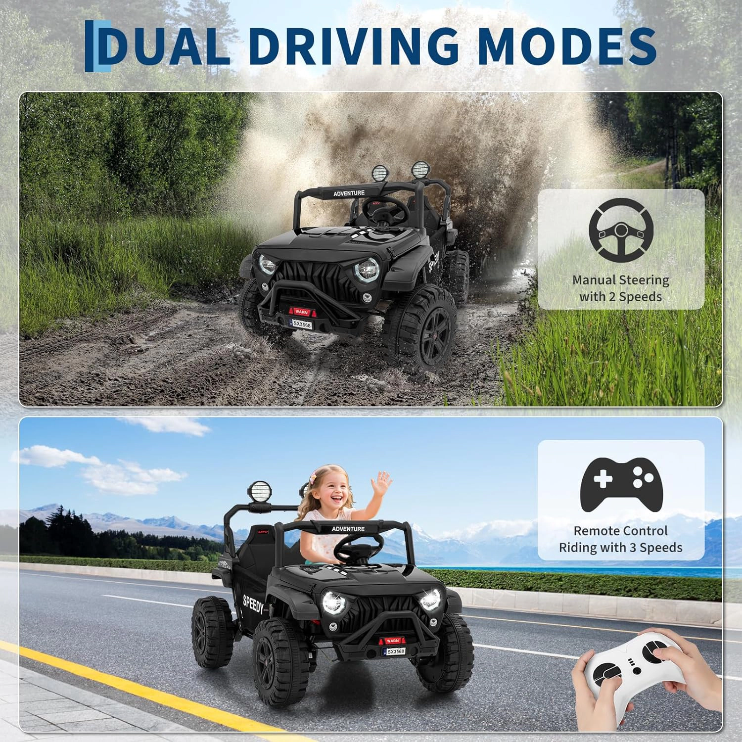 24V 2-Seater Kids Ride On Truck, 4WD Electric Vehicle w Remote,3 Speeds,Suspension,Dual Storage,LED Lights&Music