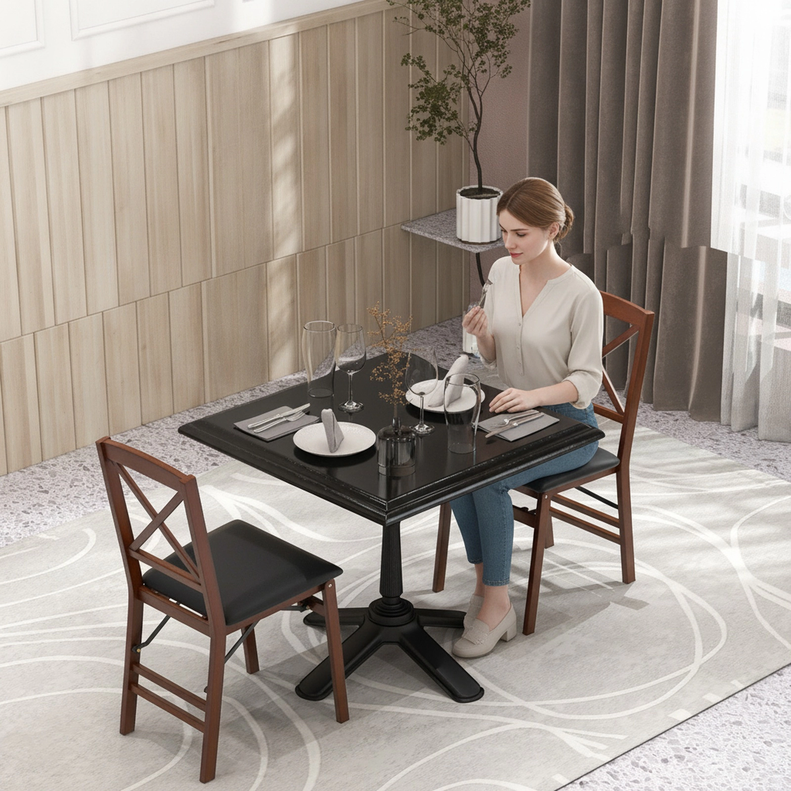 SUGIFT Set of 2 Folding Dining Chairs, Brown PU Leather Seat, Solid Wood Frame