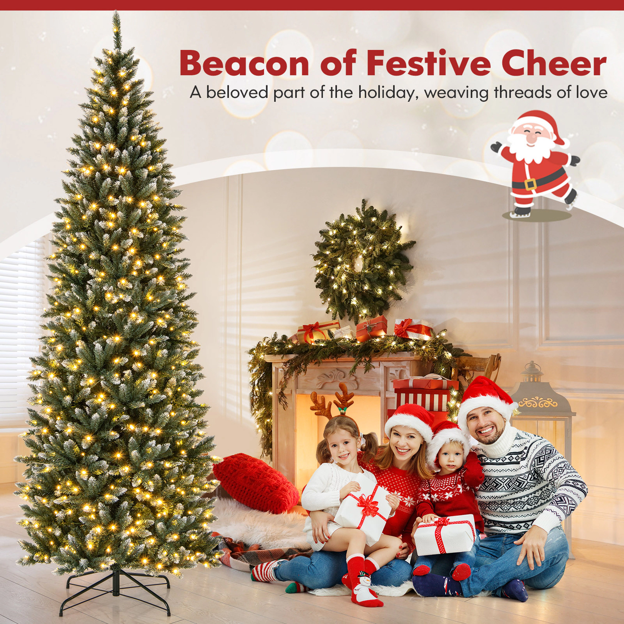 Costway 6/9 FT Pre-Lit Christmas Tree Hinged Slim Pencil Xmas with 250/500 LED Lights & 618 Tips