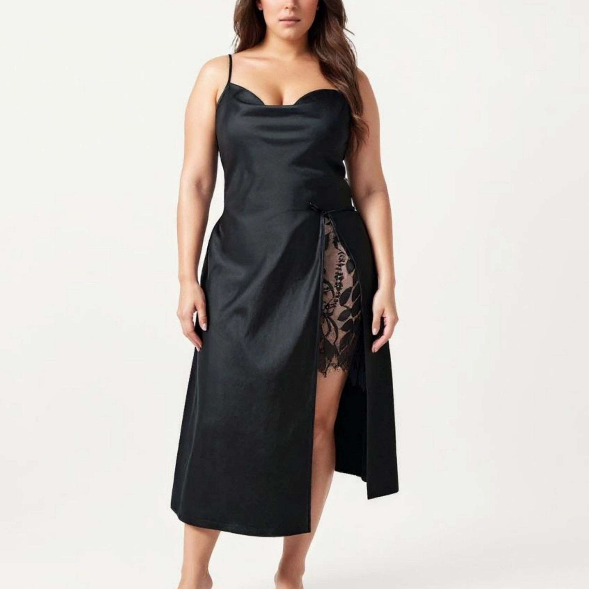 Anna-Kaci Women's Plus Satin Wrap Nightgown Lace Trim Adjustable Spaghetti Straps Side Tie Midi Length Dress