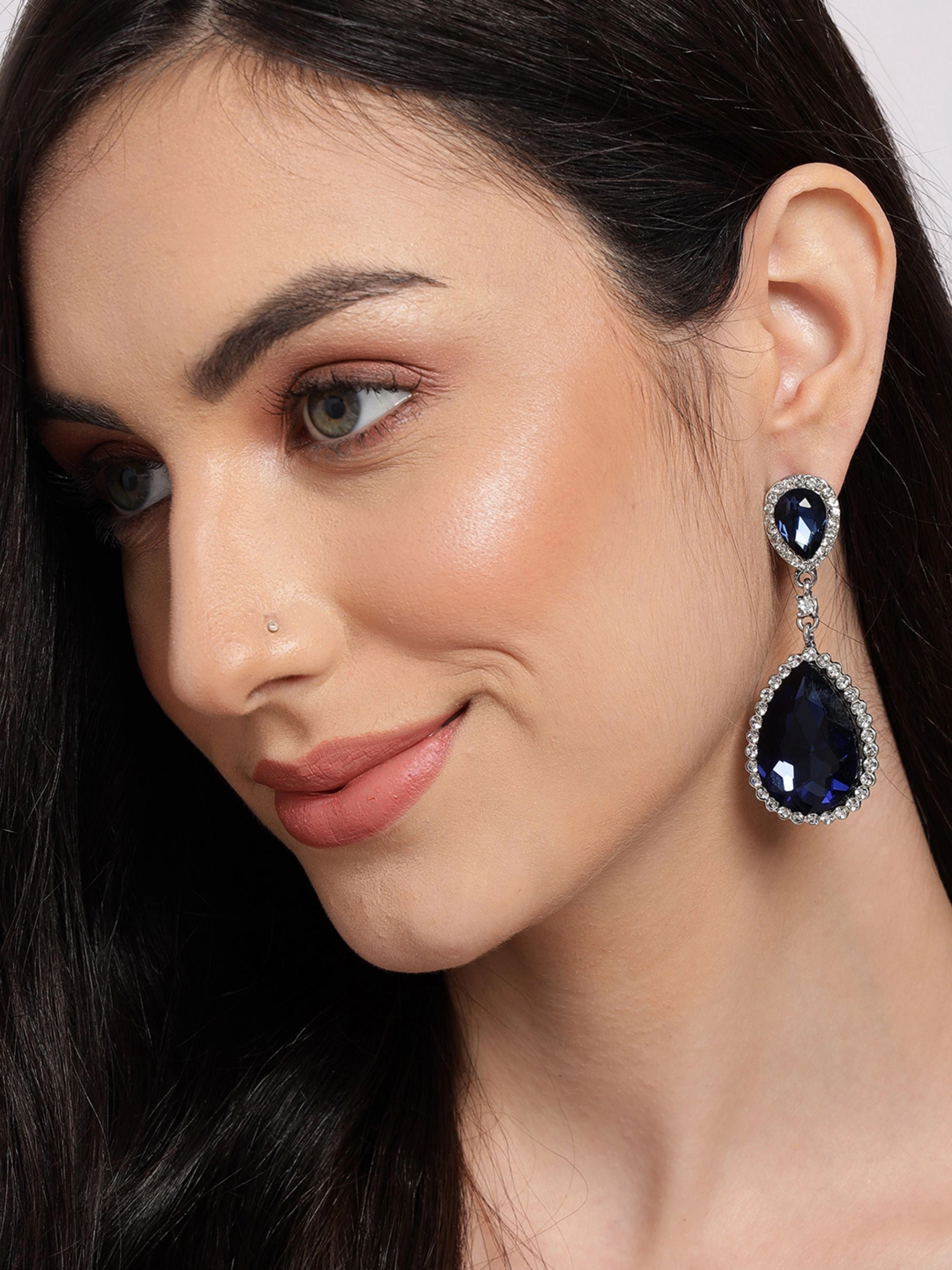 SOHI Women's Navy Blue Silver Toned Teardrop Shaped Drop Earrings