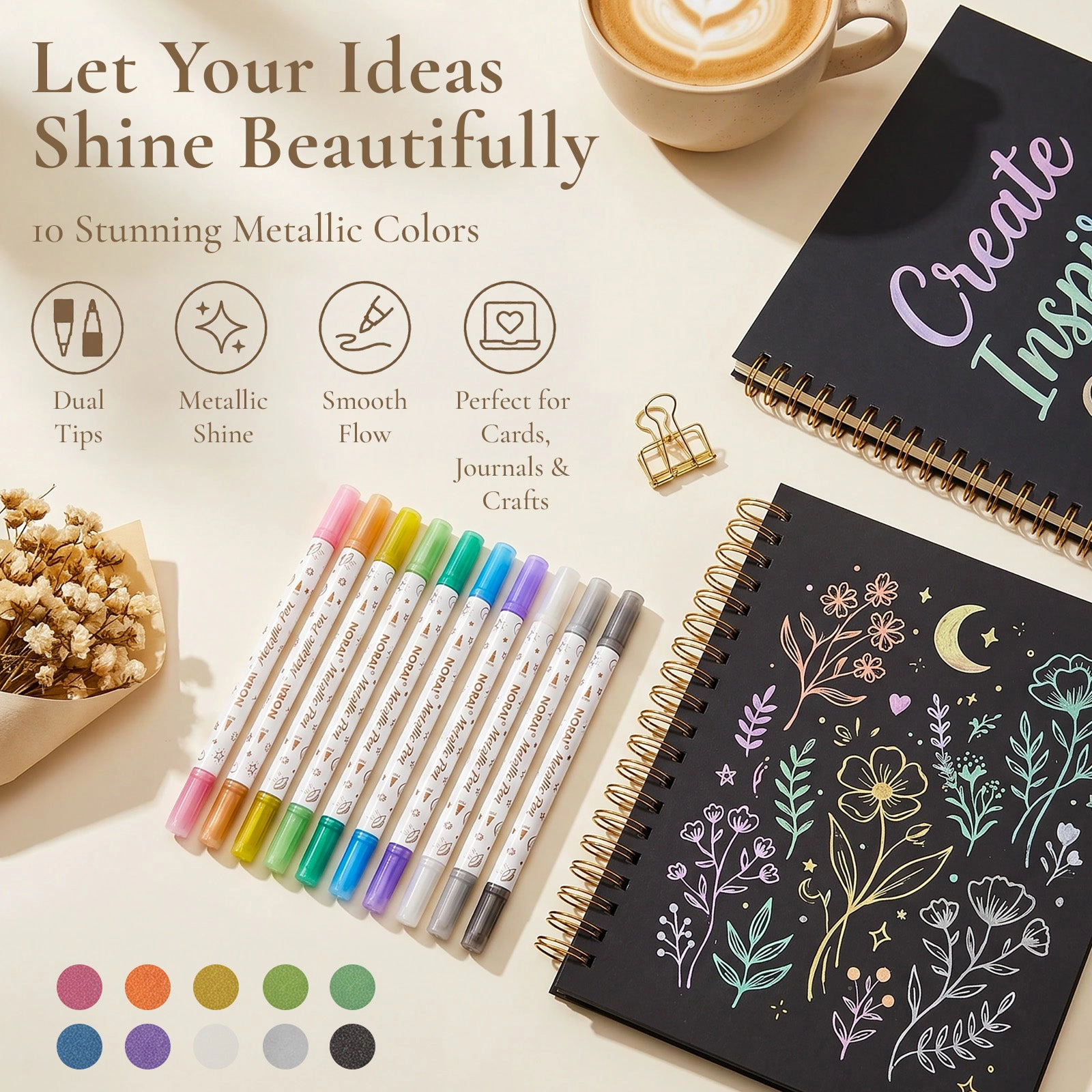 Wrapables 10-Count Metallic Dual-Tip Markers, Brush and Fine Tips for Journals, Card Making, Black Paper and Crafts