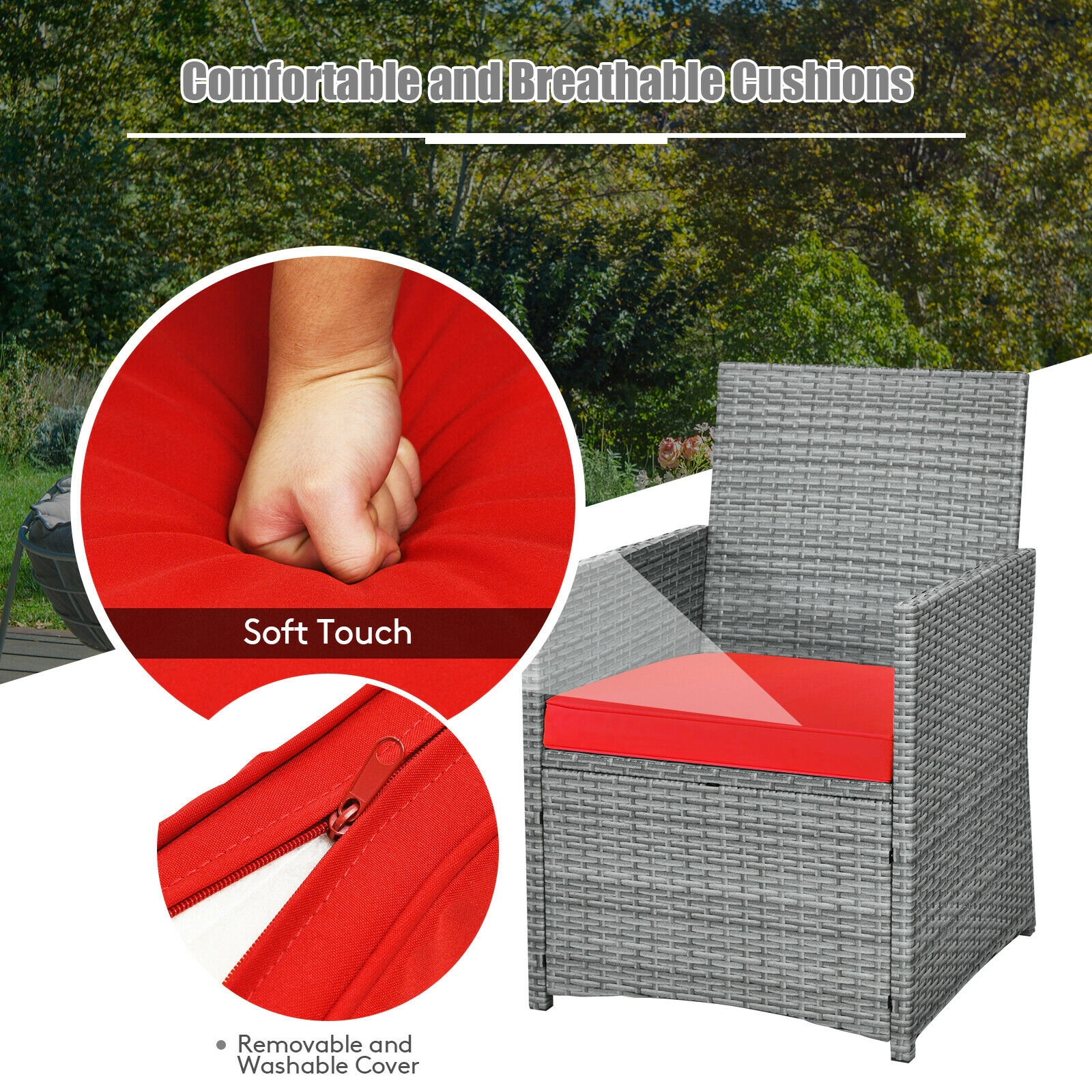 SUGIFT Patio Rattan Conversation Set with Cushioned Armrest Chairs 350-lb Chair Capacity Mixed Gray Rattan Red