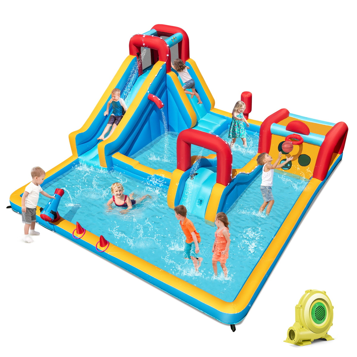 SUGIFT 9-in-1 Inflatable Double Water Slide Bounce House with Sprinkler Ramp Boxing Post and 735W Blower