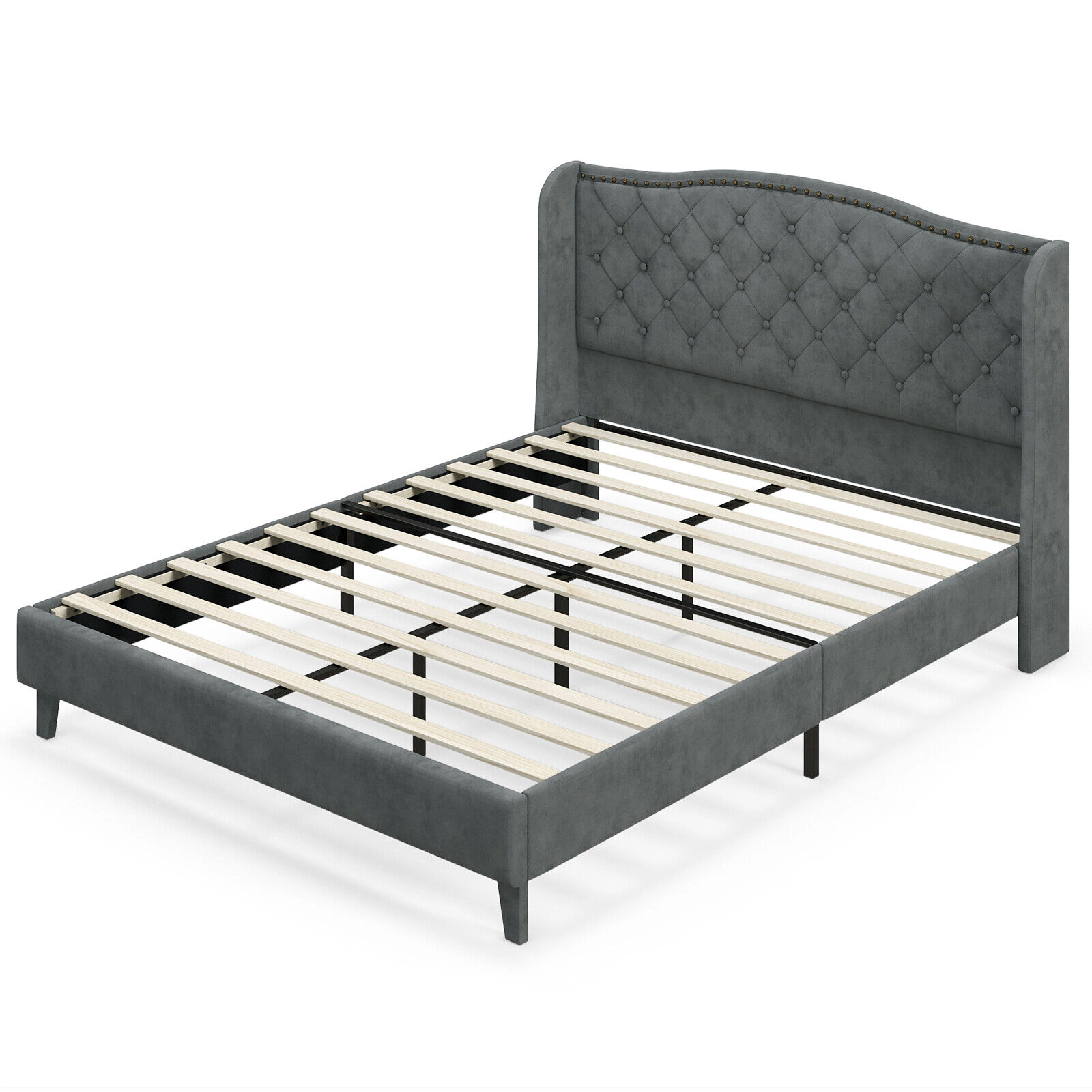 SUGIFT Full/Queen Upholstered Platform Bed Frame with Button Tufted 44-in Headboard 1000-lb Capacity Gray