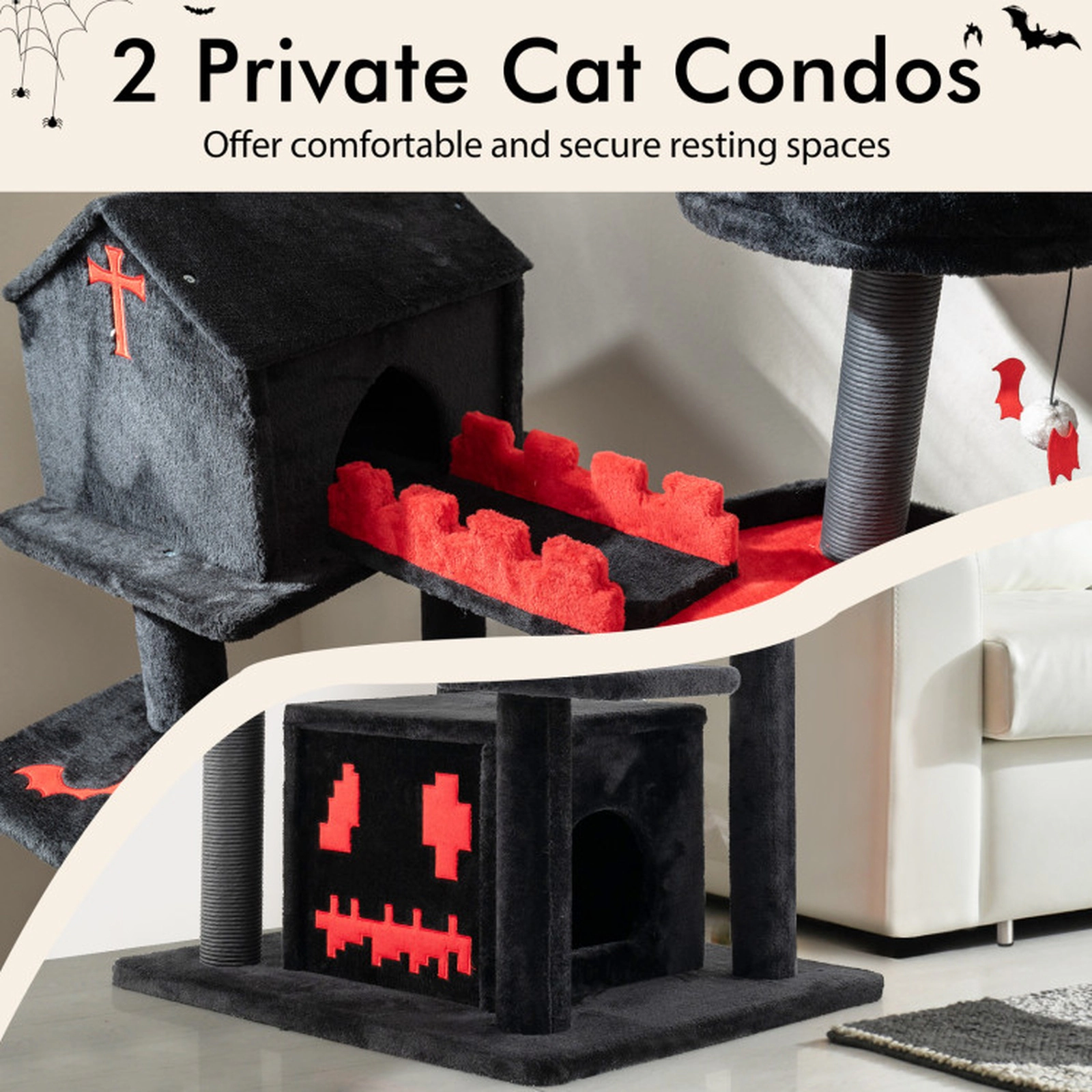 SUGIFT 49-in 6-Tier Gothic Cat Tree Tower with 2 Condos Fenced Coffin Bed 15-in Top Perch and Sisal Posts
