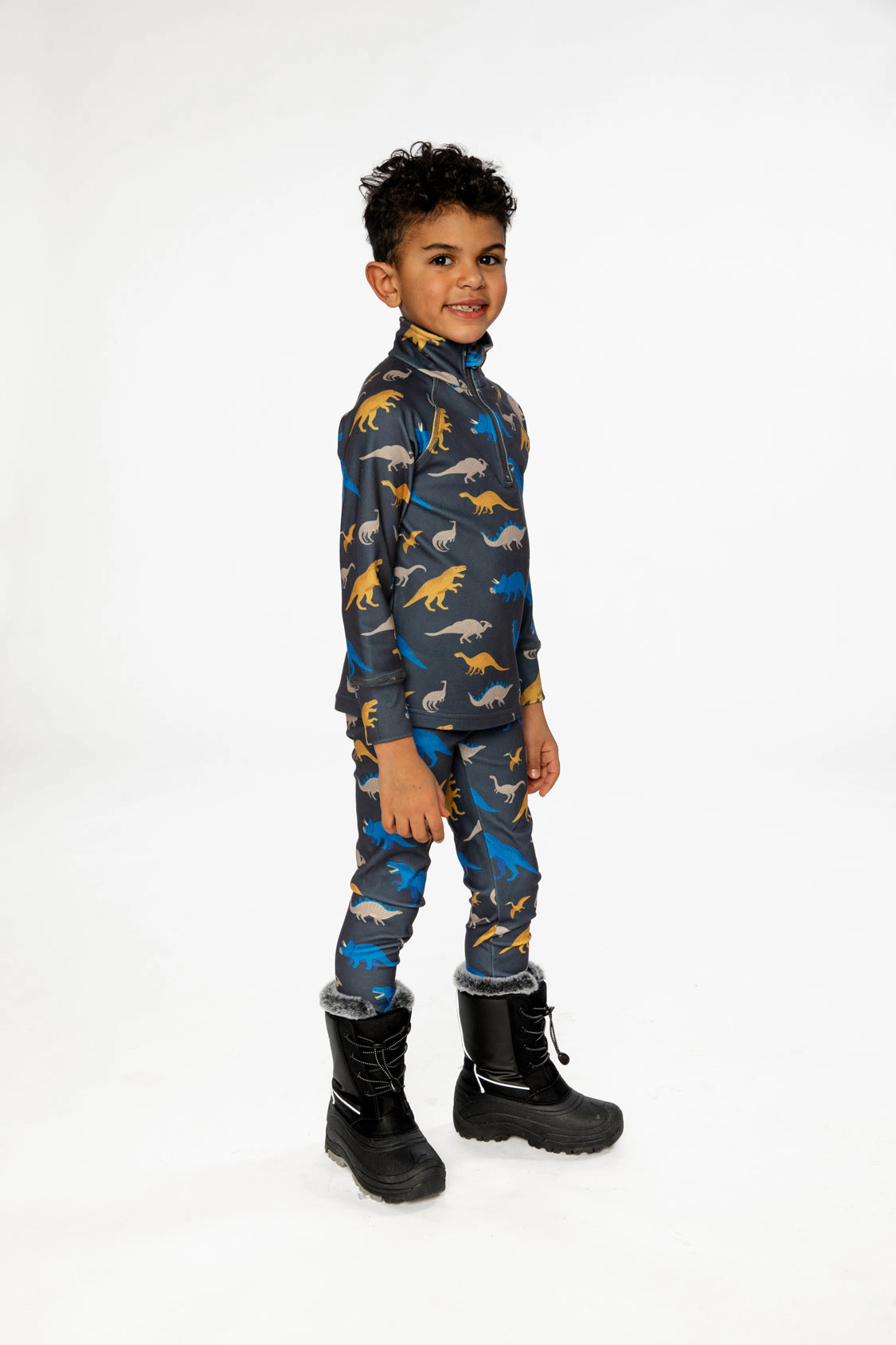Deux par Boys Two Piece Dinosaur Print Half-Zip Thermal Underwear Top and Pants Set