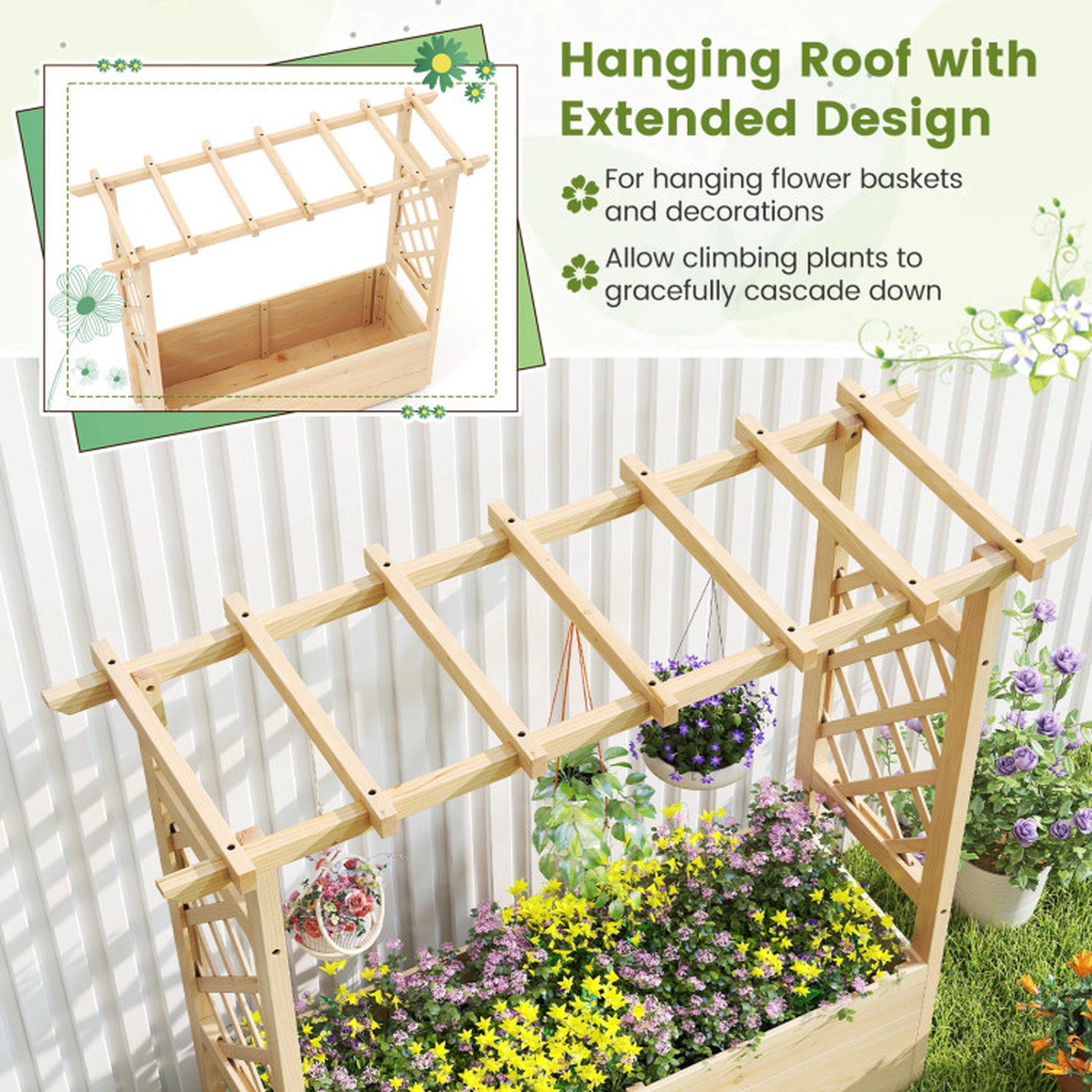 SUGIFT Raised Garden Bed Wooden Elevated Planter Box with Hanging Roof and Trellis 41-in Tall Natural Pine Wood 1-Pc