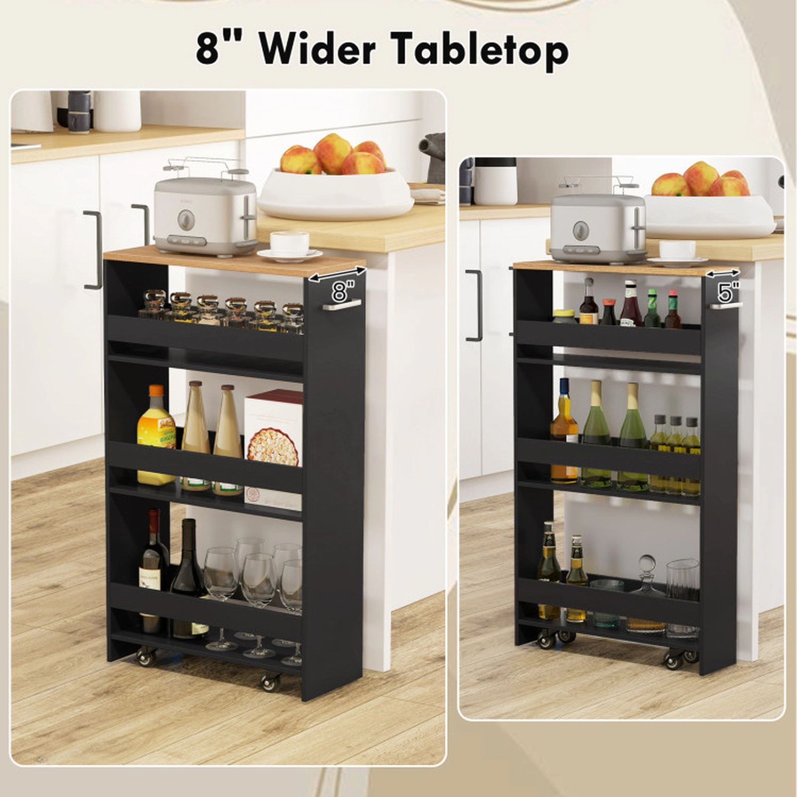 SUGIFT 4-Tier Rolling Slim Kitchen Storage Cart with Open Shelves and Handle 15-lb Upper Shelves 25-lb Bottom Shelf