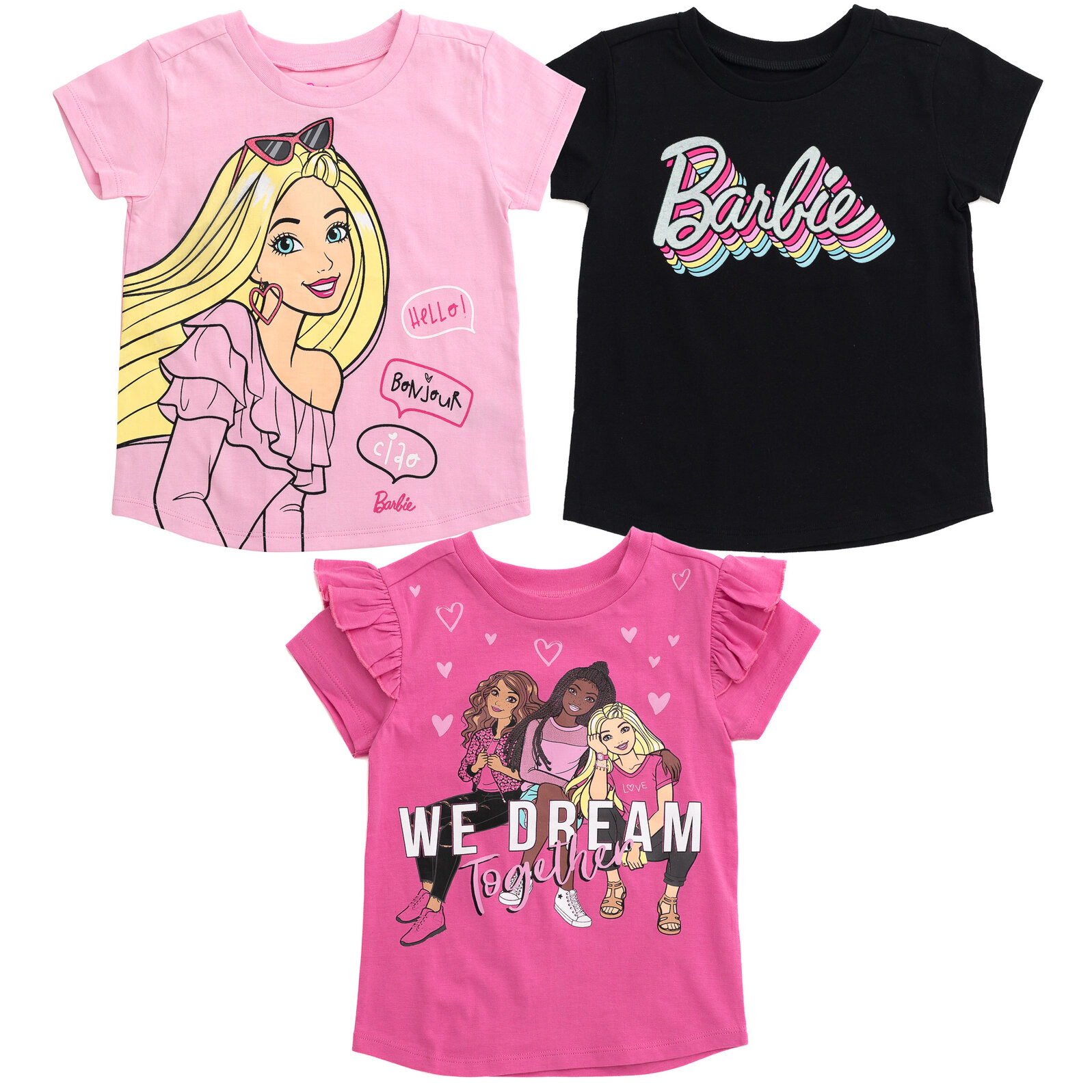 Barbie Girls' 3-Pack Short Sleeve T-Shirts