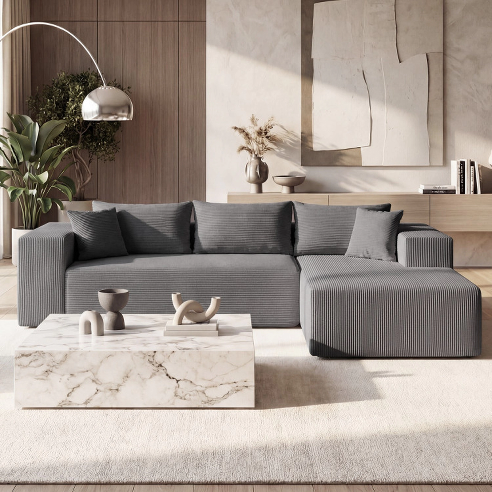 SUGIFT Gray 86-Inch L-Shaped Corduroy Modular Sectional Sofa with Washable Covers