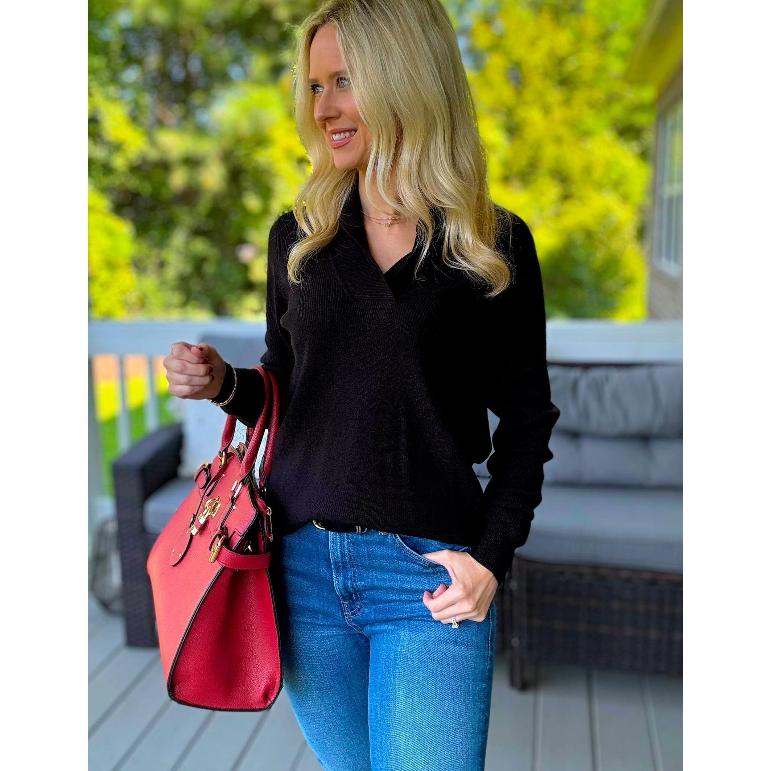 Zeagoo Women's Collared V-Neck Long Sleeve Knit Tunic Pullover