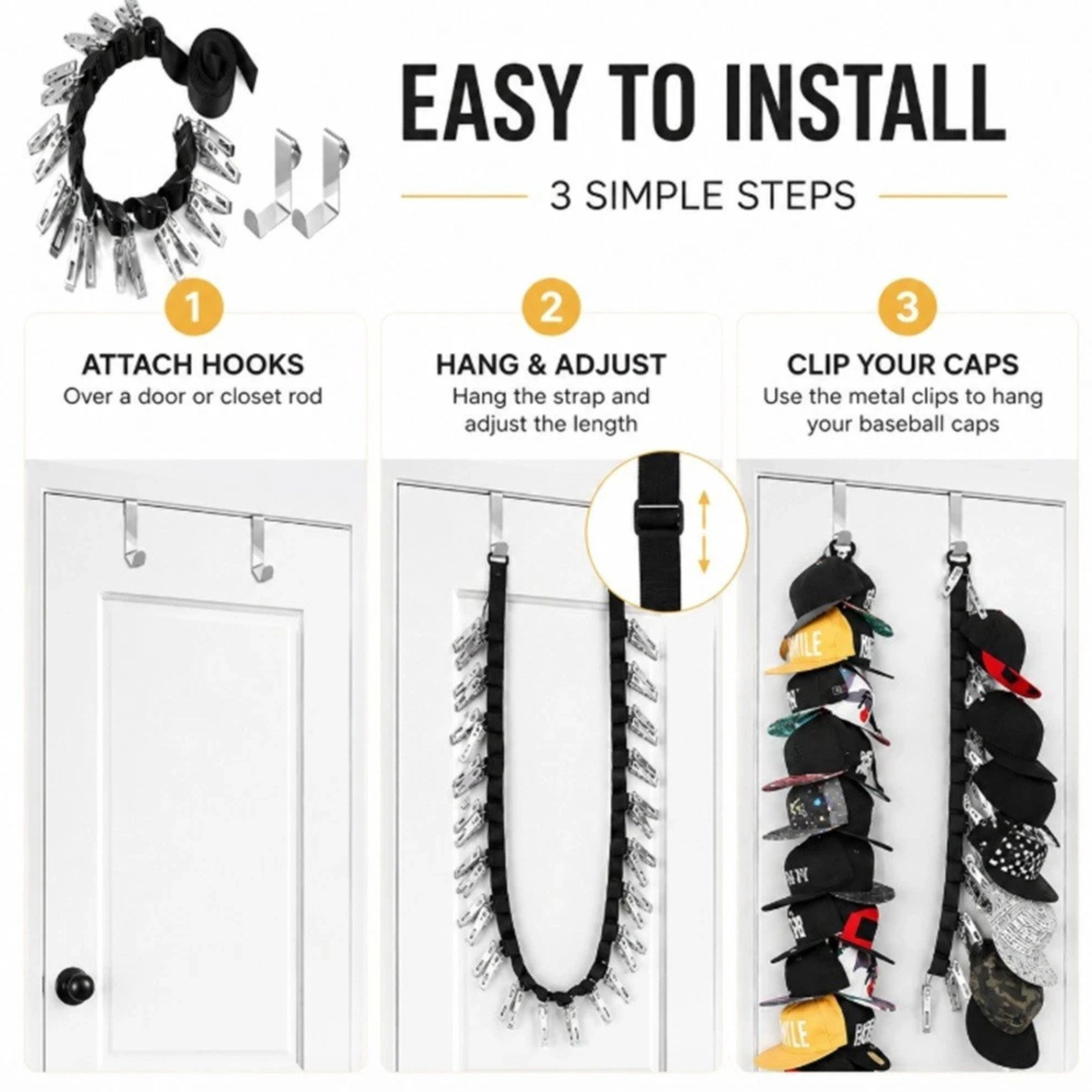 Home Collection 20 Hat Baseball Cap Organizer Closet Door Hanging Storage Rack