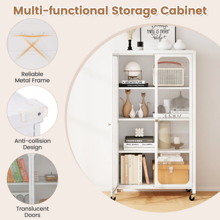 Hivvago 58 Inches Bookcase with Adjustable Shelves and Lockable Wheels-White