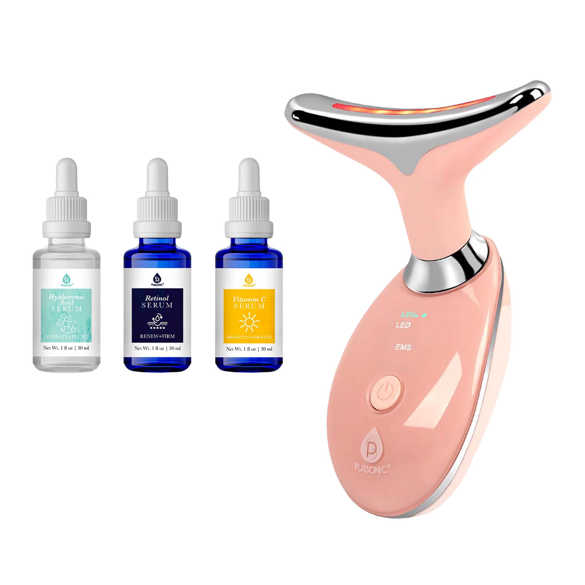 Pursonic Unisex 7-in-1 LED Beauty Device & Anti-Aging Serum Set Skincare Bundle