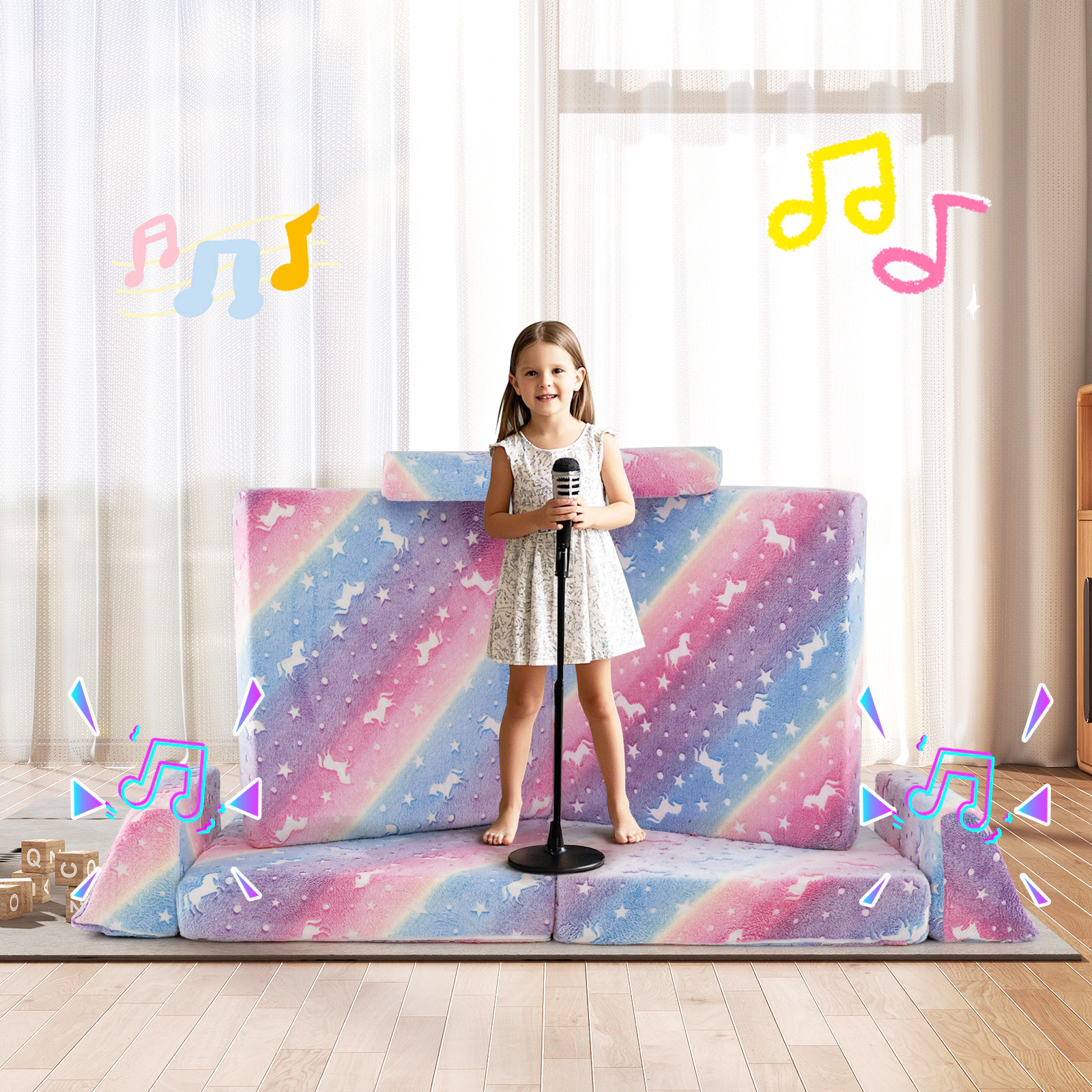 SUGIFT Glow-in-the-Dark Modular Kids Play Couch Toddler Sectional Sofa Gray/Multicolor