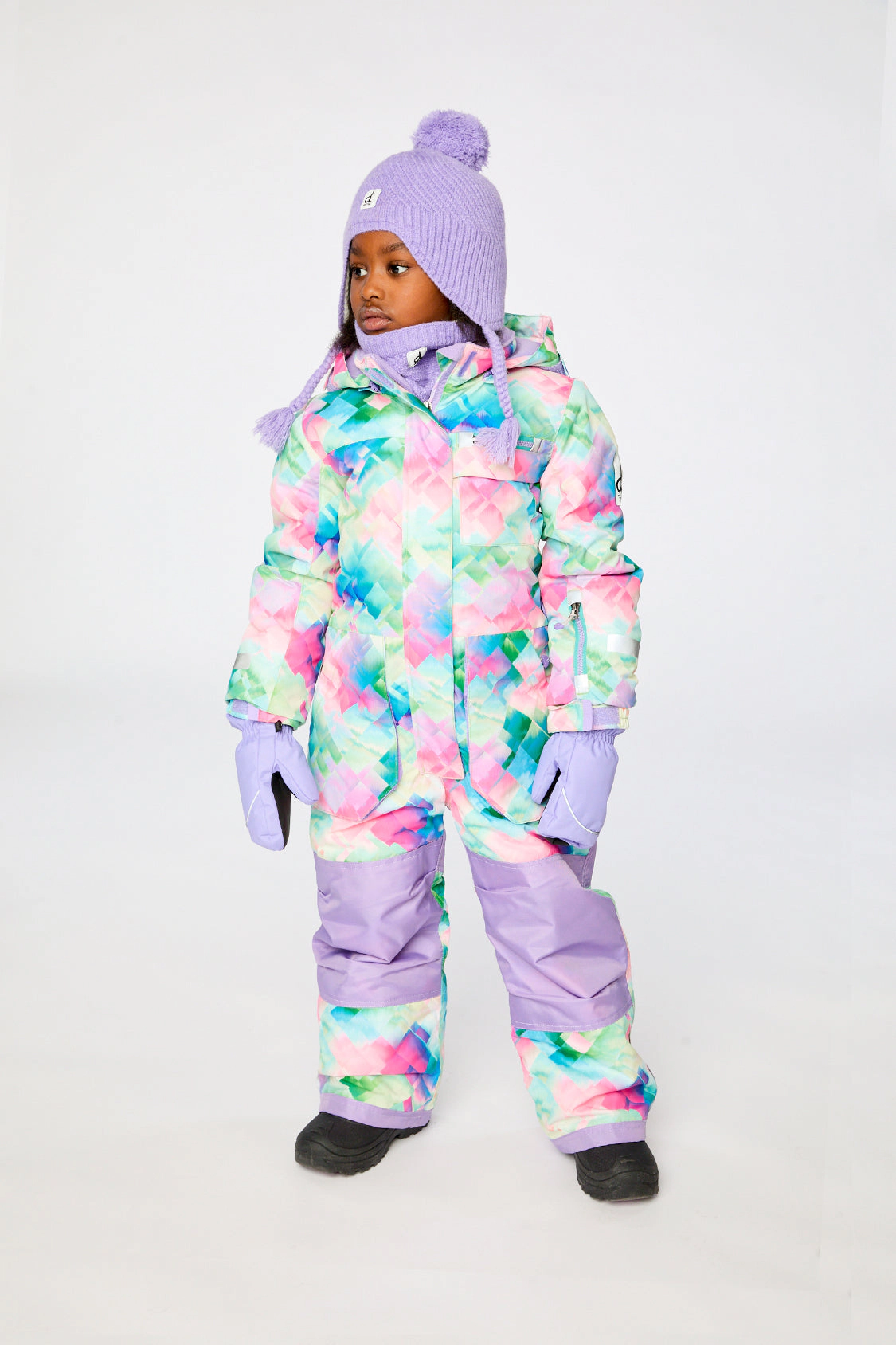 Deux par Deux Girls Diamond Print One Piece Play Snowsuit with Detachable Hood