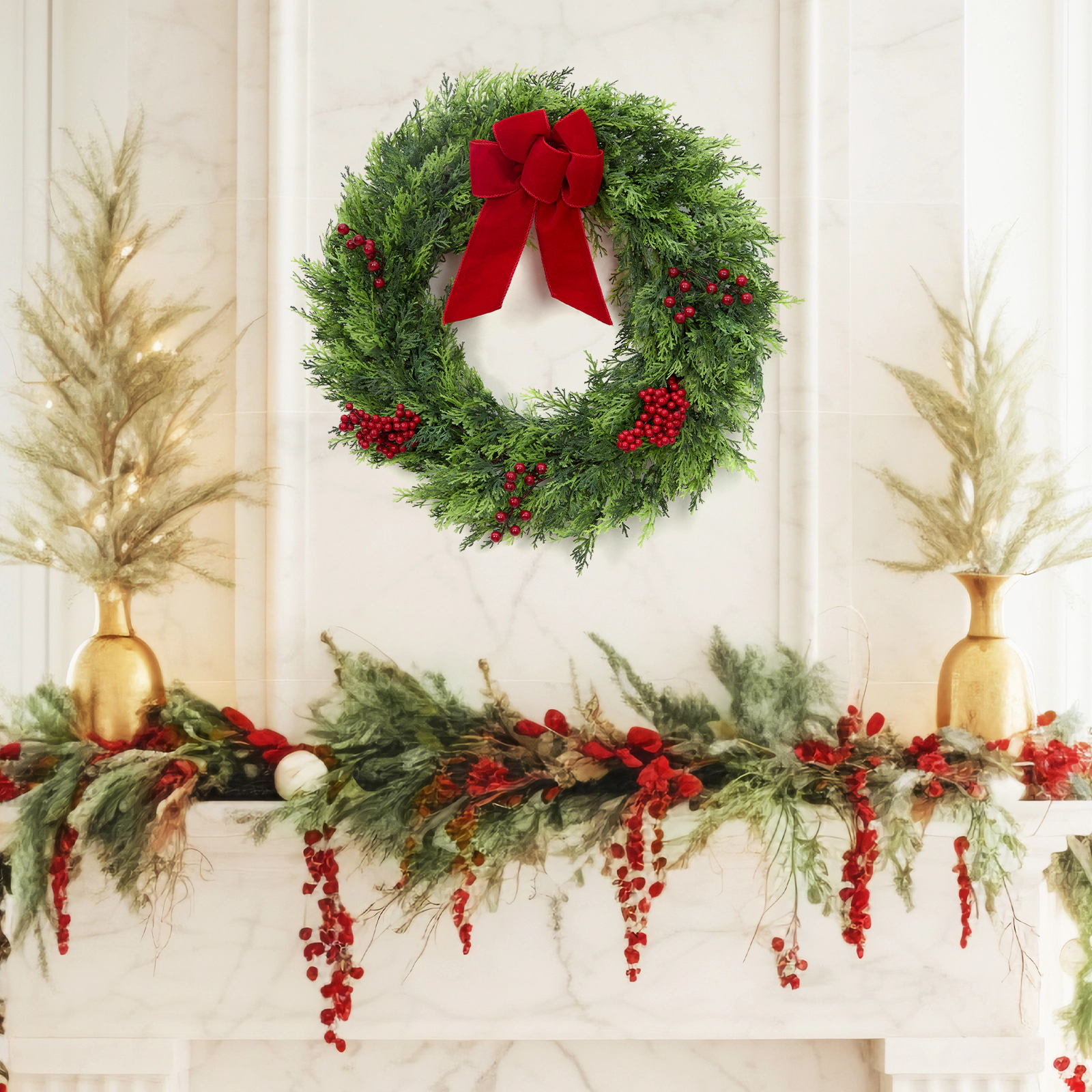 BebreezChic 24" Artificial Xmas Cypress Wreath, Berries & Crimson Velvet Cake Bow, Front Door, Indoor/Outdoor, Green