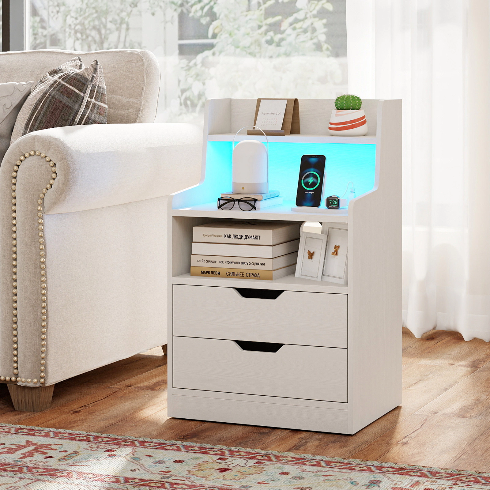 SUGIFT 28.5-Inch White LED Nightstand with Storage, Music Sync and Charging Station