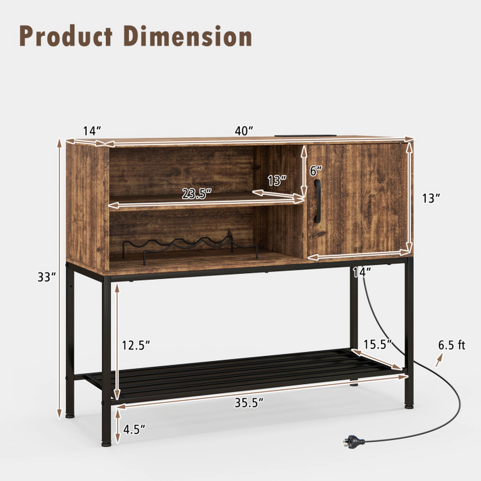 SUGIFT 40-in 110-lb Tabletop Rustic Brown Buffet Sideboard Coffee Bar Cabinet with Power Outlets and USB Ports