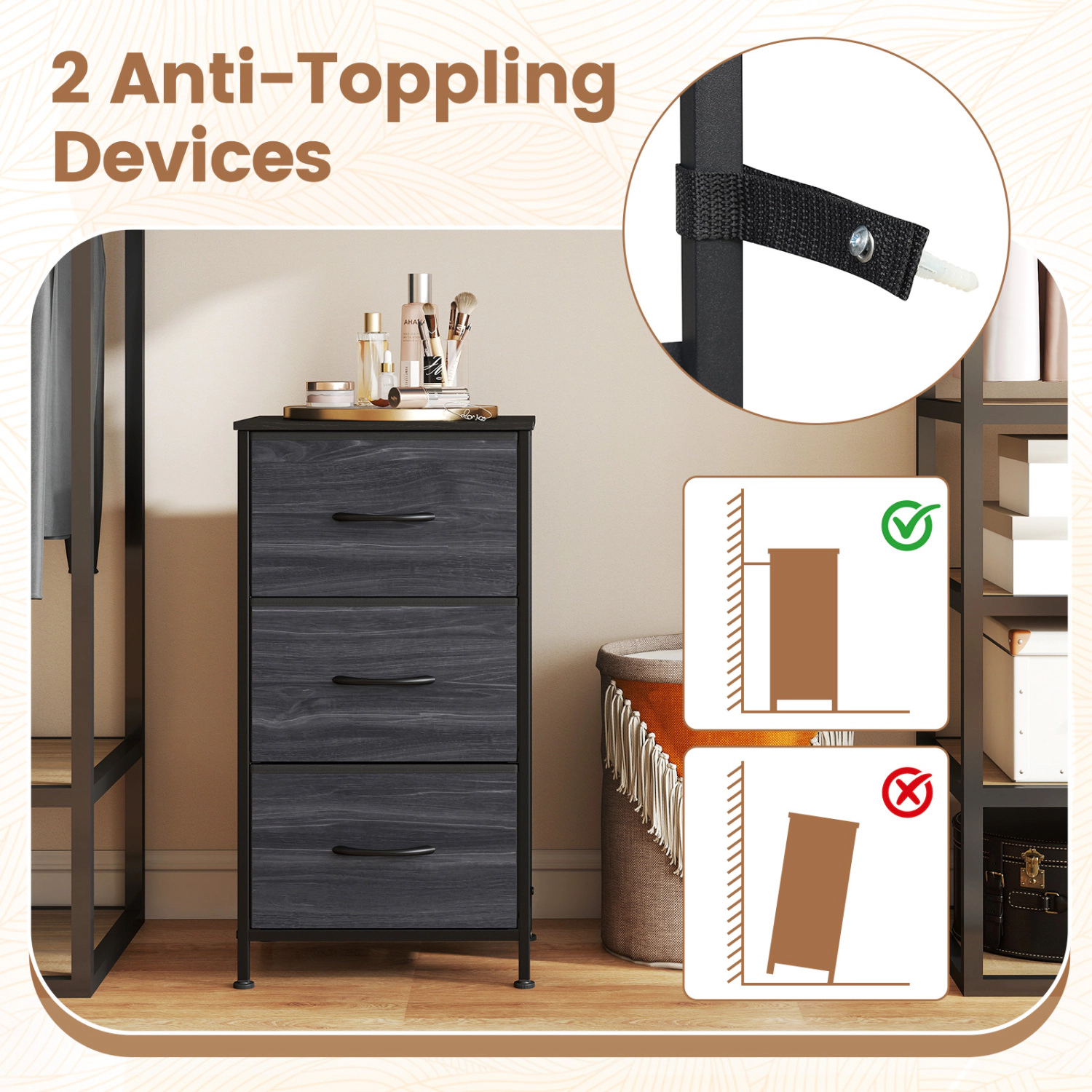 LJG Dresser Nightstand with Roomy Fabric Drawers for Bedroom Storage Cabinet Metal Frame